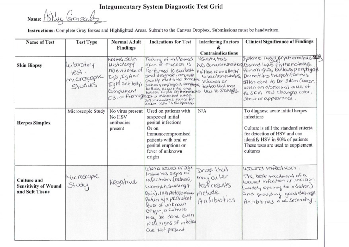 Integument Diagnostic Grid - Integumentary System Diagnostic Test Grid 