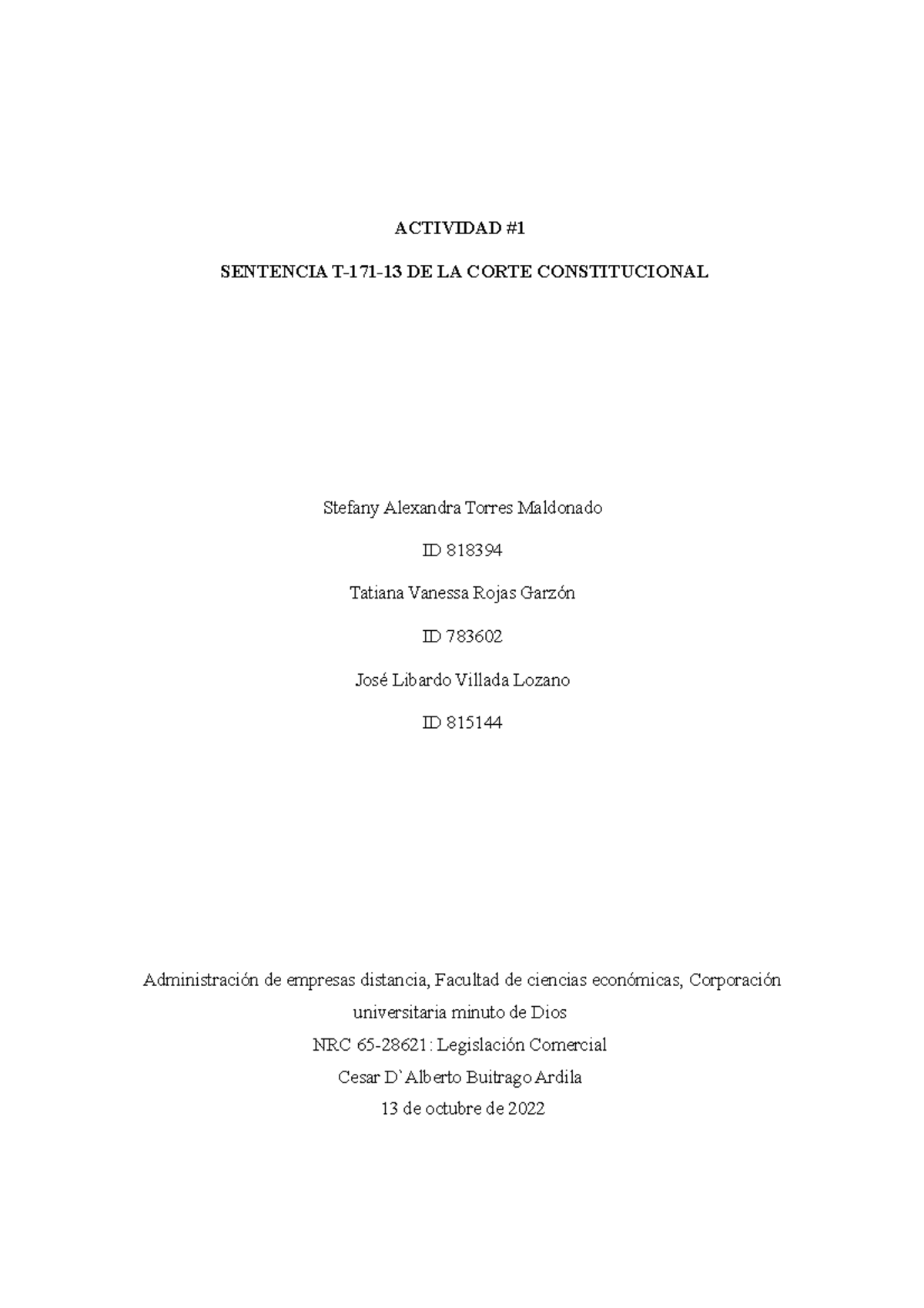 ACT #1 Sentencia T-171-13 DE LA Corte Constitucional - ACTIVIDAD ...
