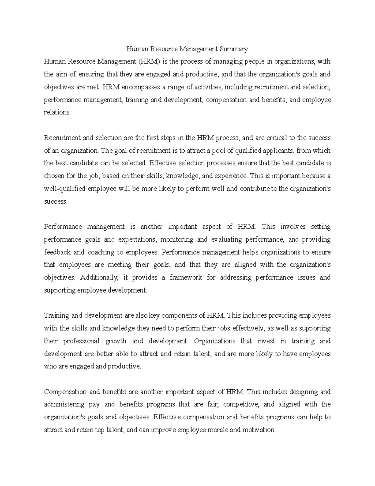 Human Resource Management Summary Human Resource Training and Development Summary Human