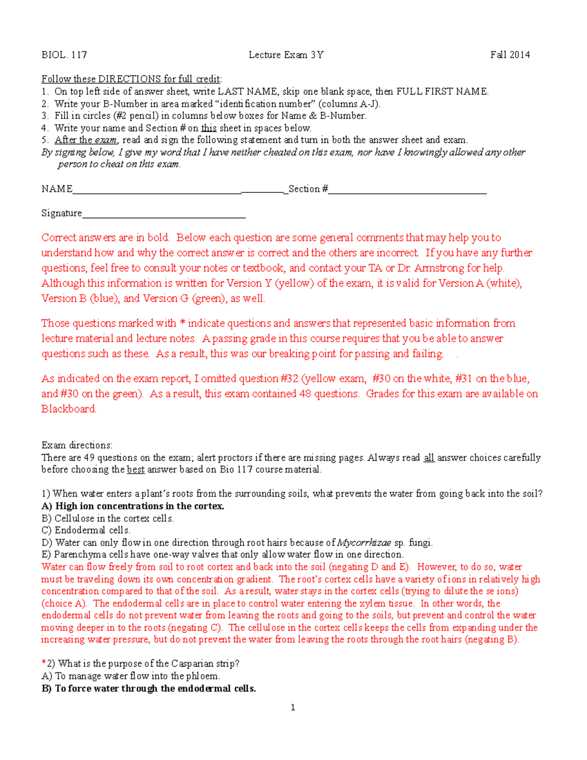Bio 114 Exam 3Y answer key - BIOL. 117 Lecture Exam 3Y Fall 2014 Follow ...