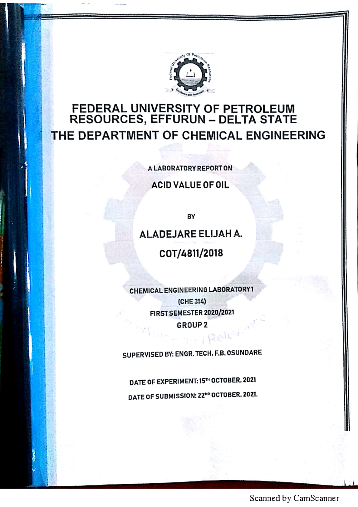 Acid value of oil (lab report) Elijah A Petroleum engineering Studocu
