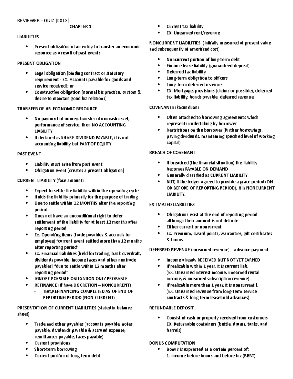 Liabilities IA2 reviewer - REVIEWER - QUIZ (0818) CHAPTER 1 LIABILITIES ...