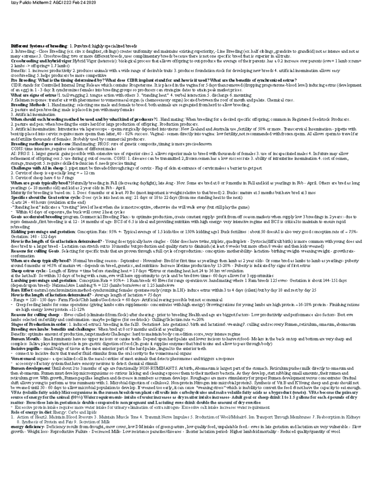 Review sheet small ruminant exam 2 Izzy Pulido Midterm 2 ASCI 223 Feb
