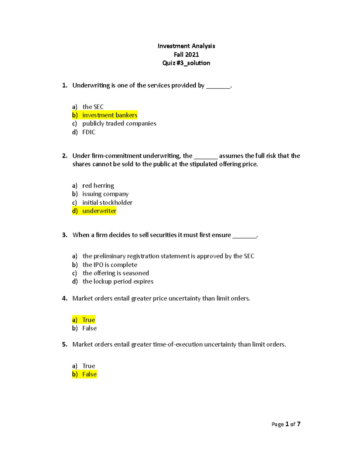 Quiz3solution bonds and stocks Investment Analysis Fall 2021 Quiz