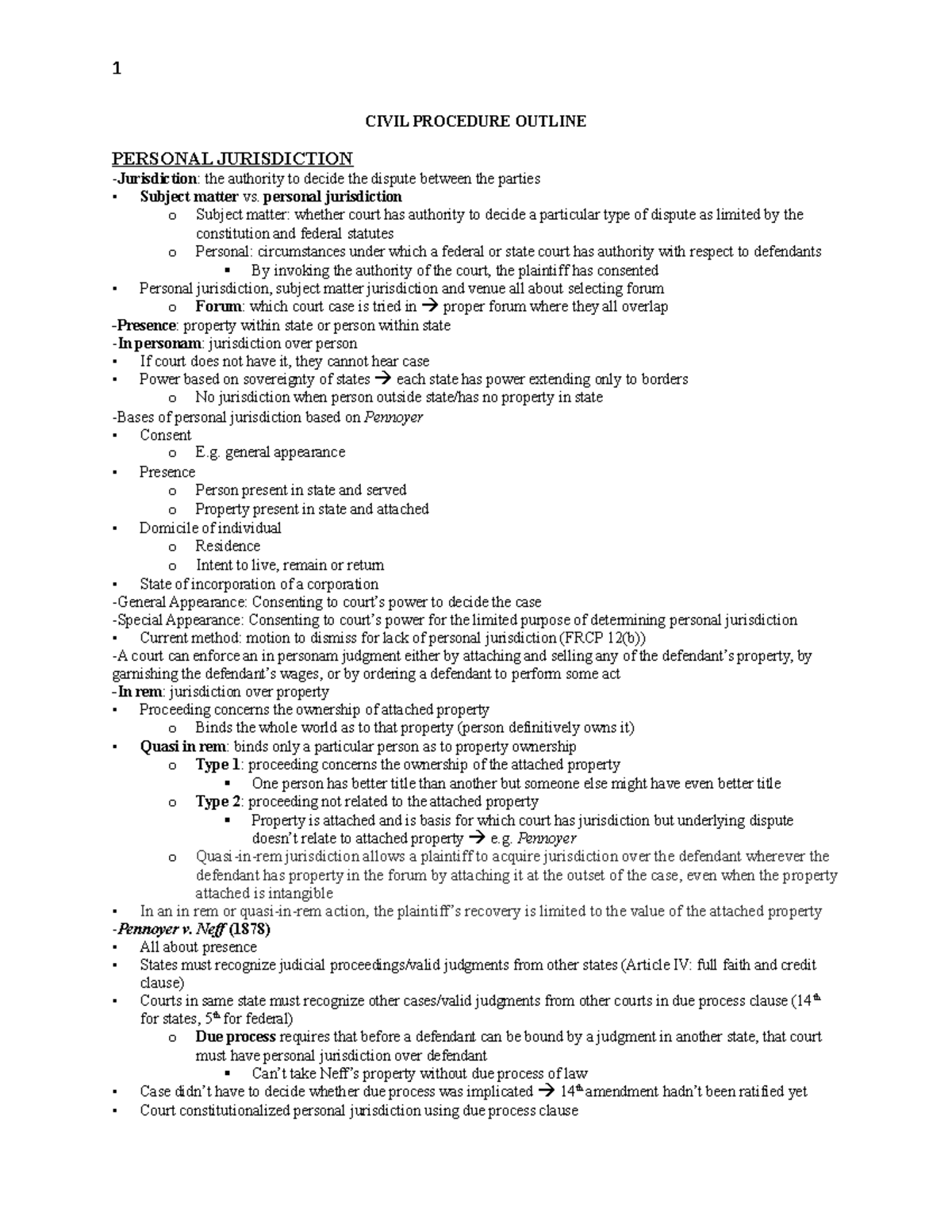Civil Procedure Outline - CIVIL PROCEDURE OUTLINE PERSONAL JURISDICTION ...