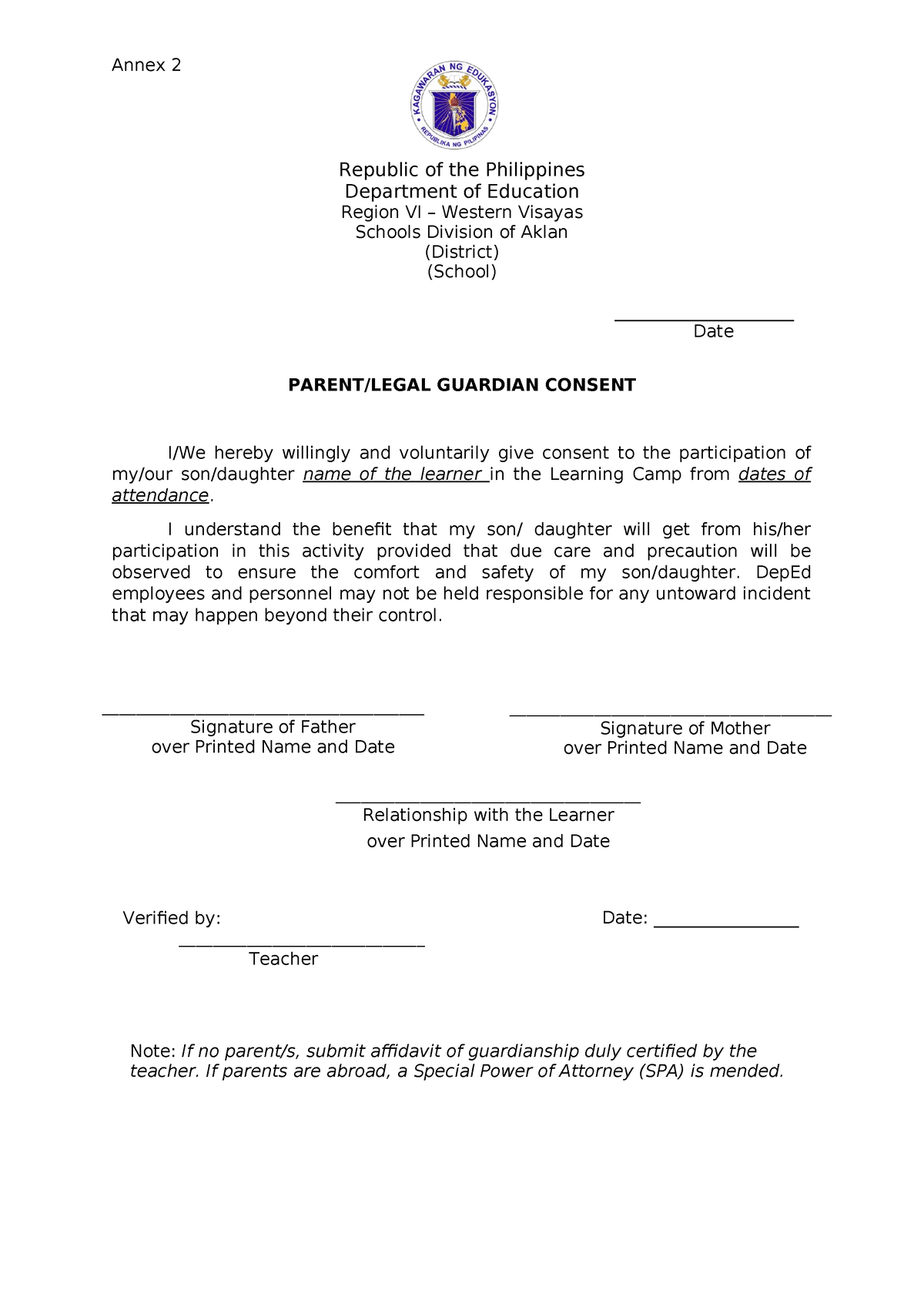 Parent Consent for NLC - Its ok dont bother - Annex 2 Republic of the ...