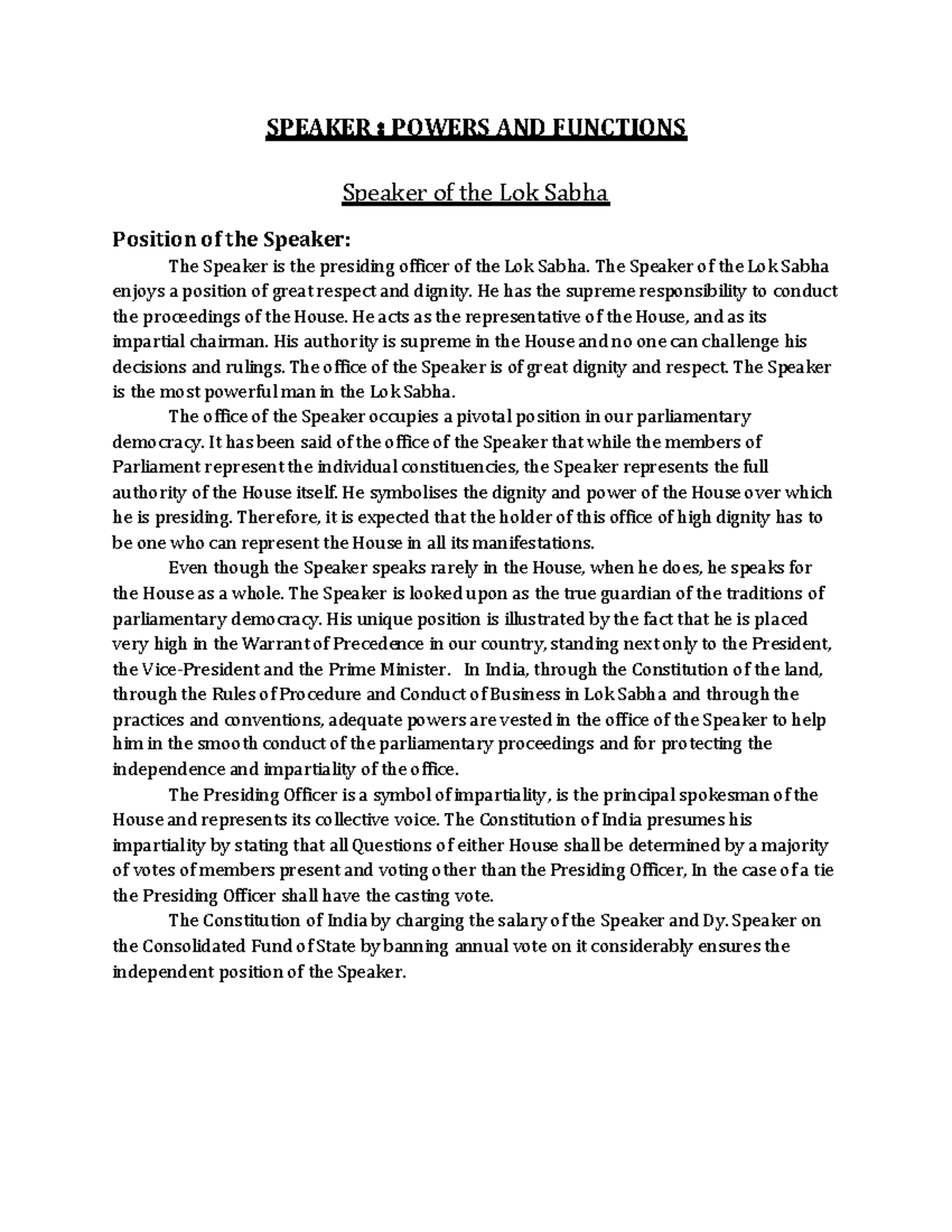 Speaker constitution 2 kslu SPEAKER POWERS AND FUNCTIONS Speaker of