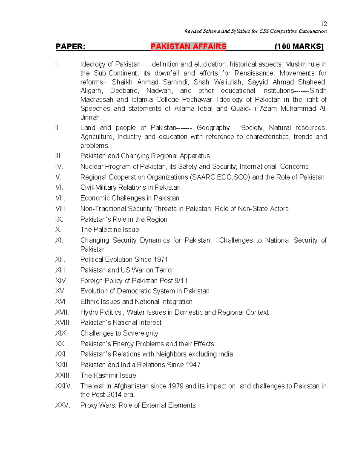 Css subject pakistan affairs download - 12 Revised Scheme and Syllabus ...