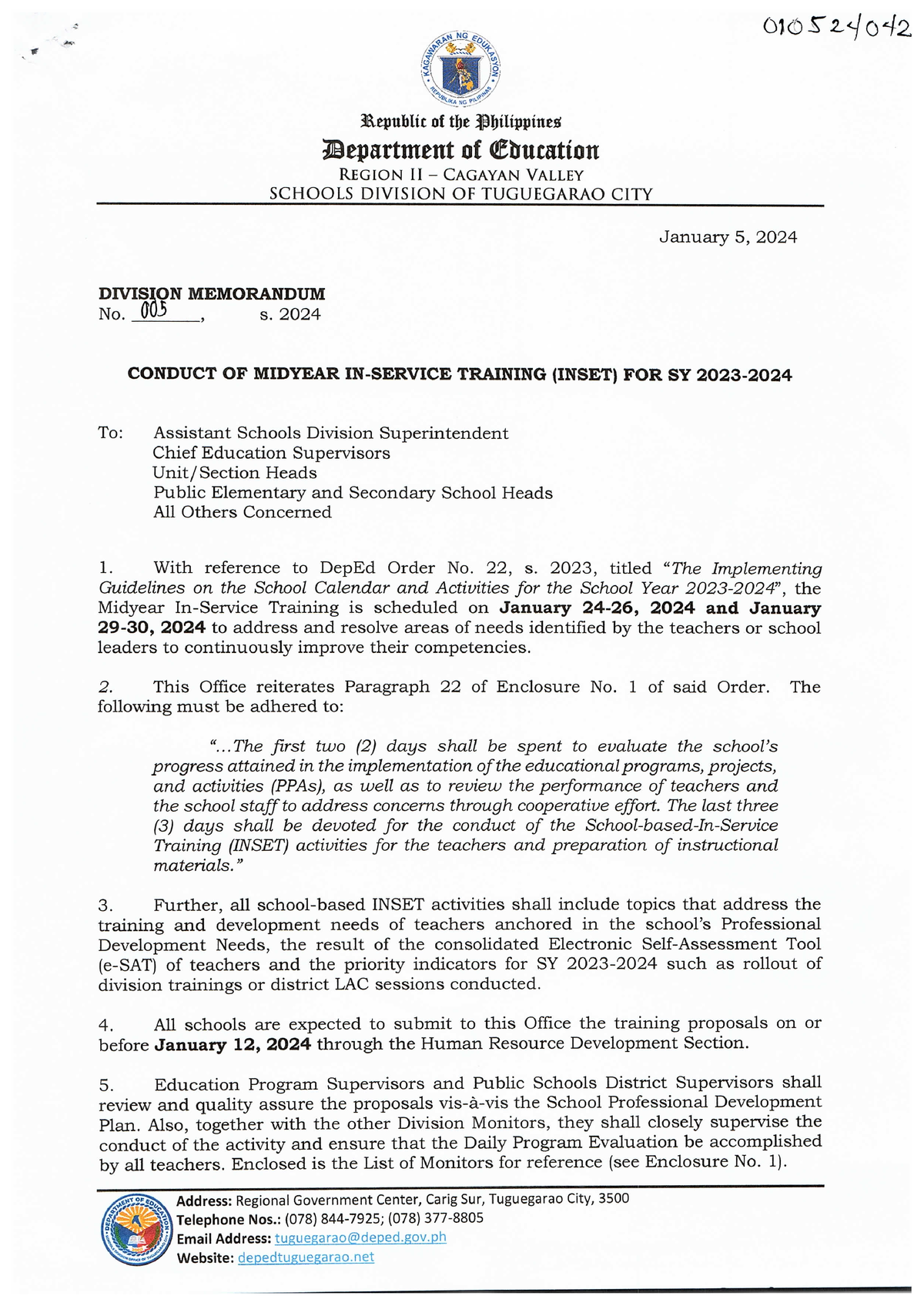 DIV MEMO NO.005 S.2024 Conduct OF Midyear IN Service Training ( Inset