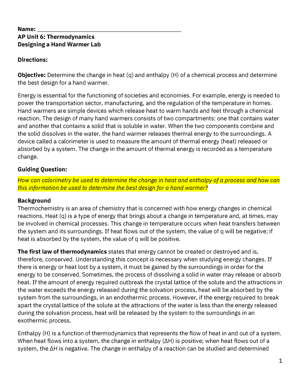AP Thermodynamics Designing a Hand Warmer Lab Name Studocu