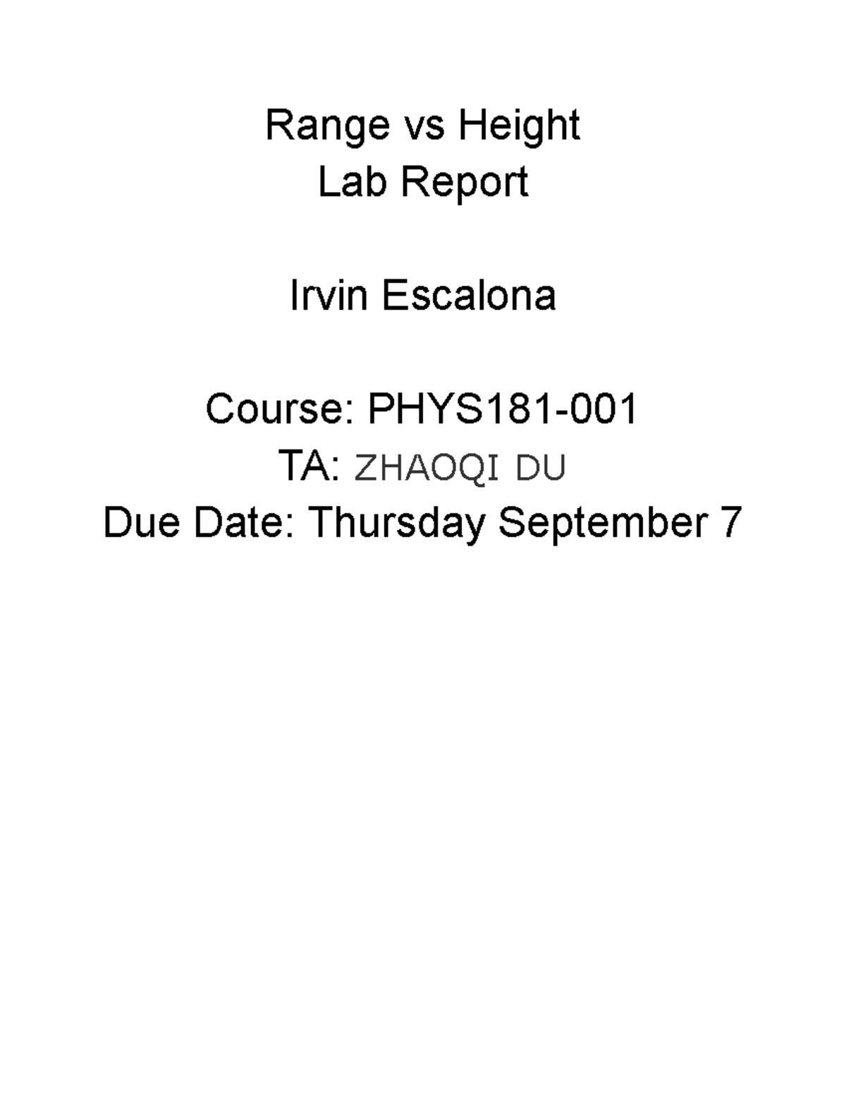 Lab #1 2023 - lab lecture - Range vs Height Lab Report Irvin Escalona ...