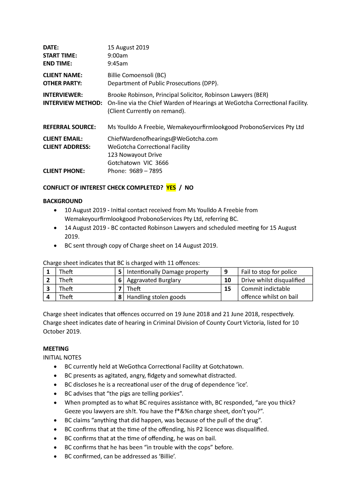 Assessment 1 - Filenote - DATE: 15 August 2019 START TIME: 9:00am END ...