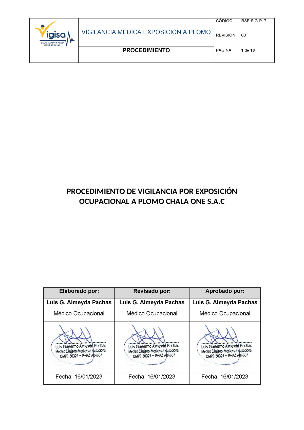 Procedimiento De Vigilancia Plomo Chala One S A C Revisado Vigilancia M Dica Exposici N