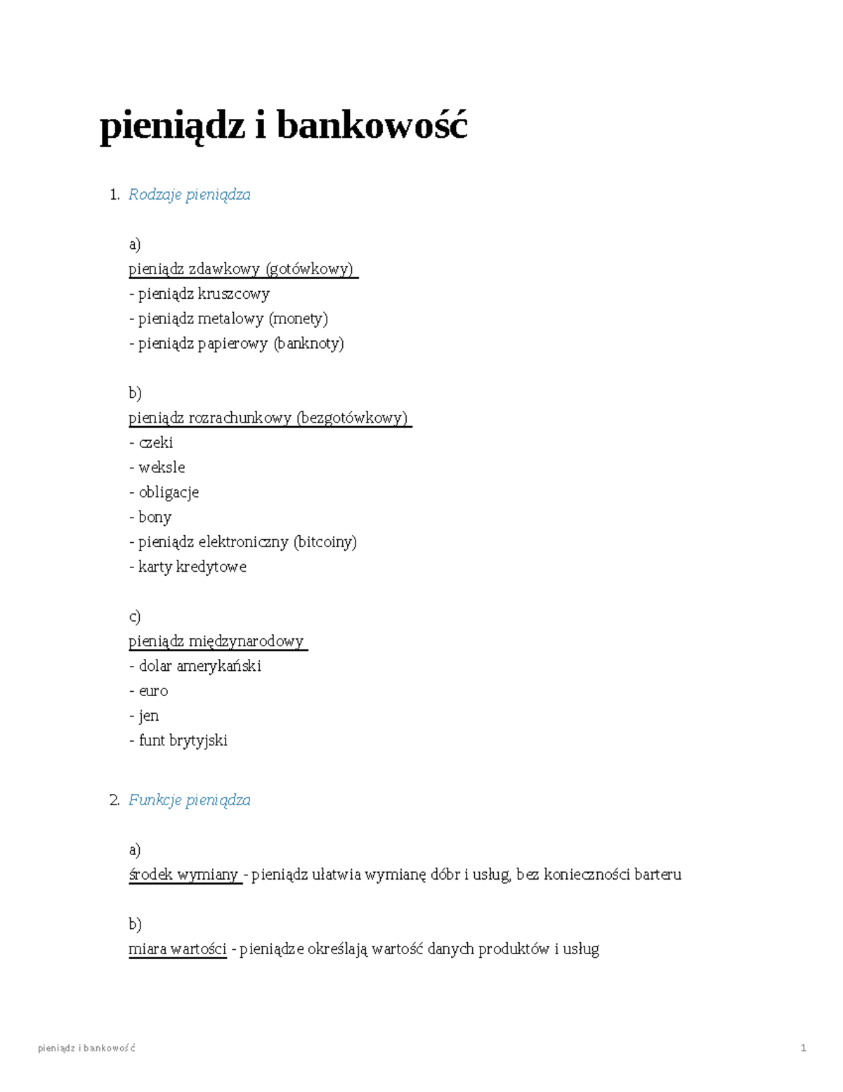 Sprawdzian Podstaw Przedsiębiorczości Działu 3 Pieniądz I Bankowość