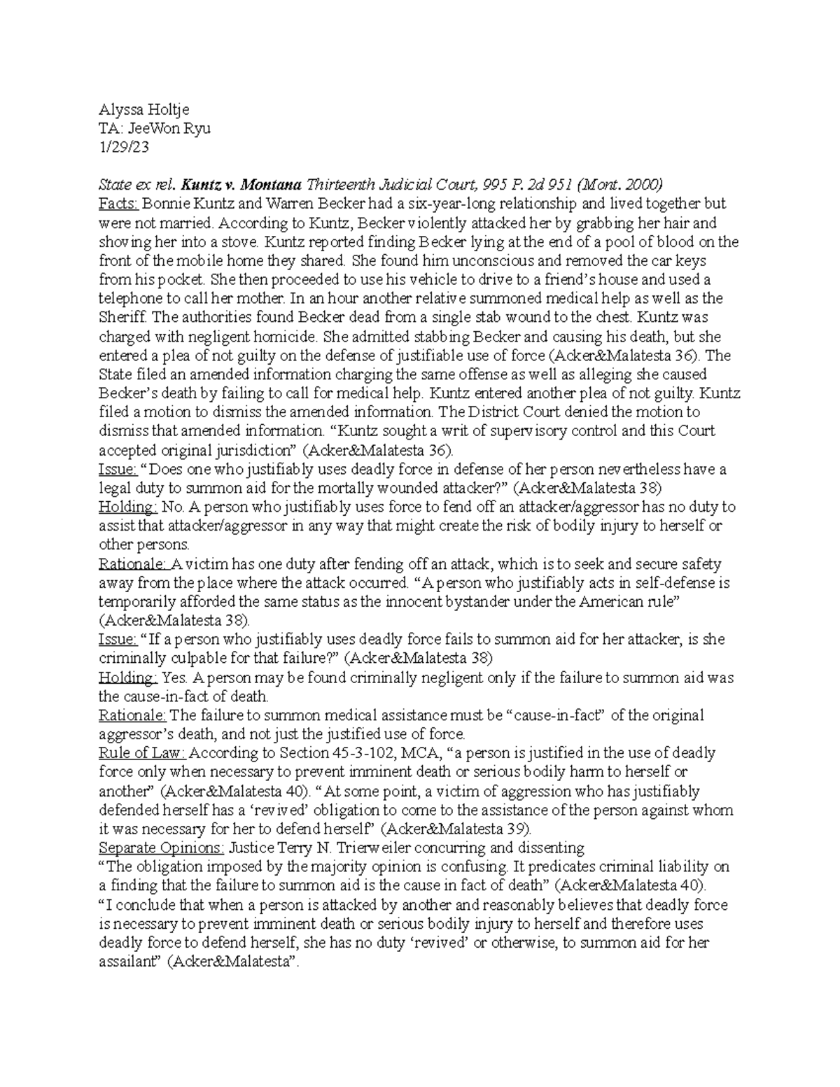 Kuntz v Montana Case Brief Alyssa Holtje TA JeeWon Ryu 1/29/ State
