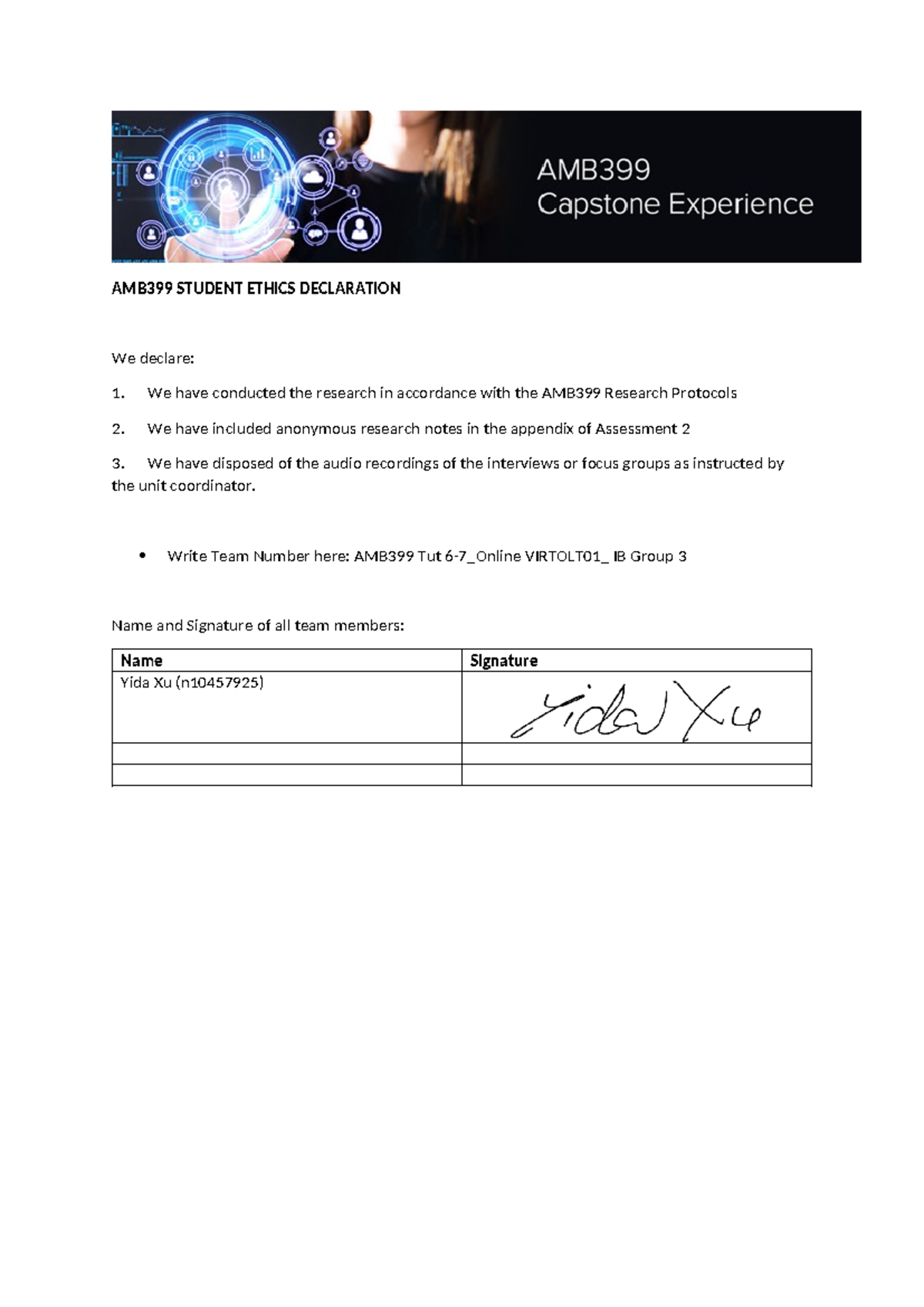 Approved AMB399 Student Ethics Team Declaration - AMB399 STUDENT ETHICS ...