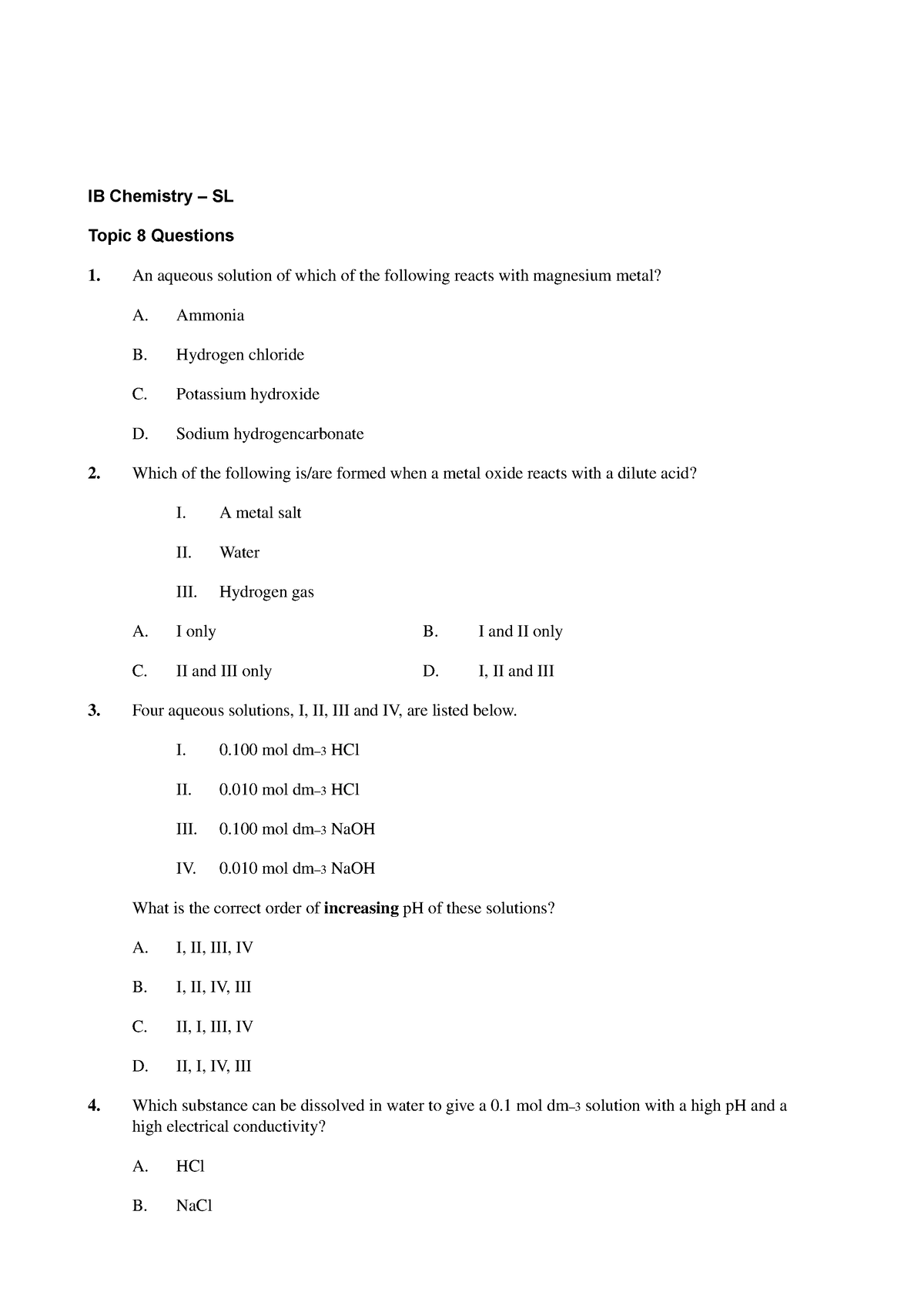 Past paper questions Topic 8 (Acids & Bases) - IB Chemistry – SL Topic ...