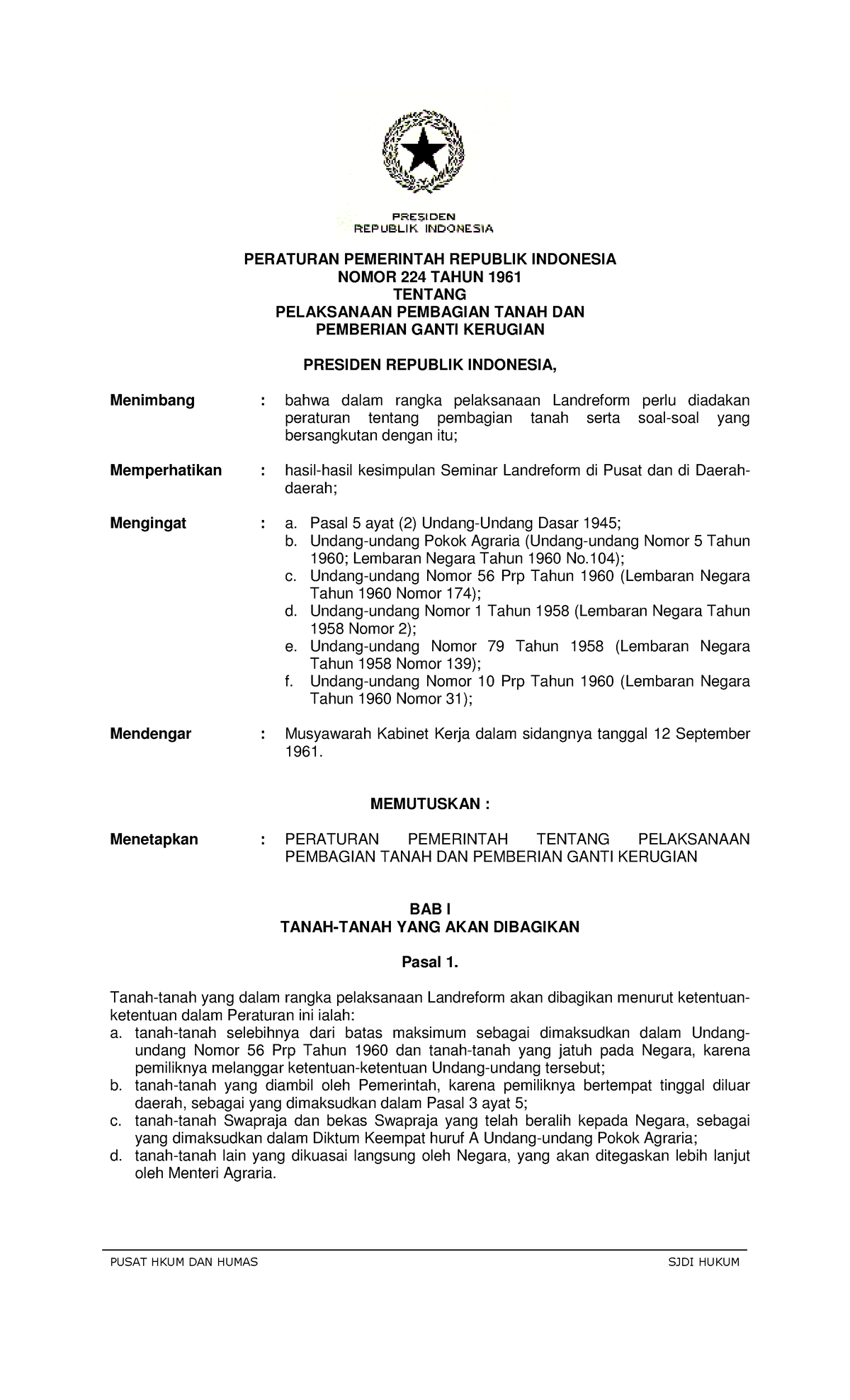 Pp 224 Tahun 1961 Hukum Peraturan Pemerintah Republik Indonesia