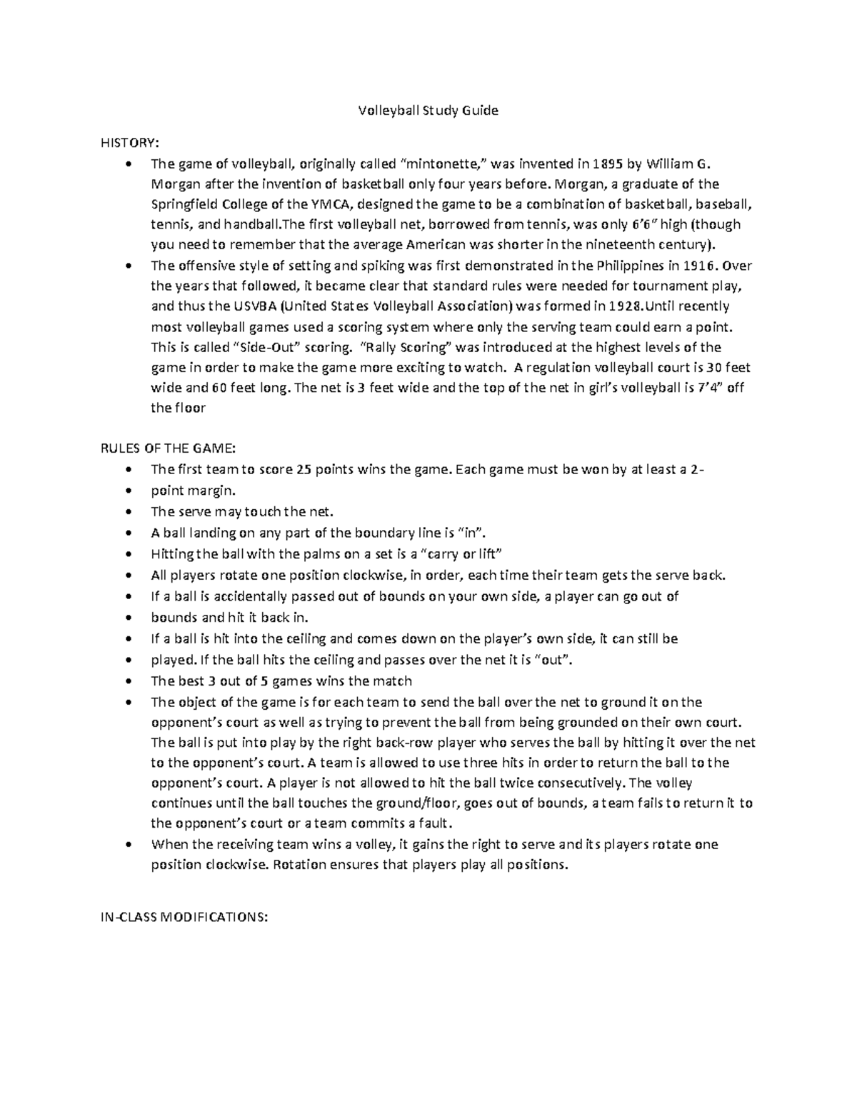 Volleyball P.E. 4 Volleyball Study Guide HISTORY The game of