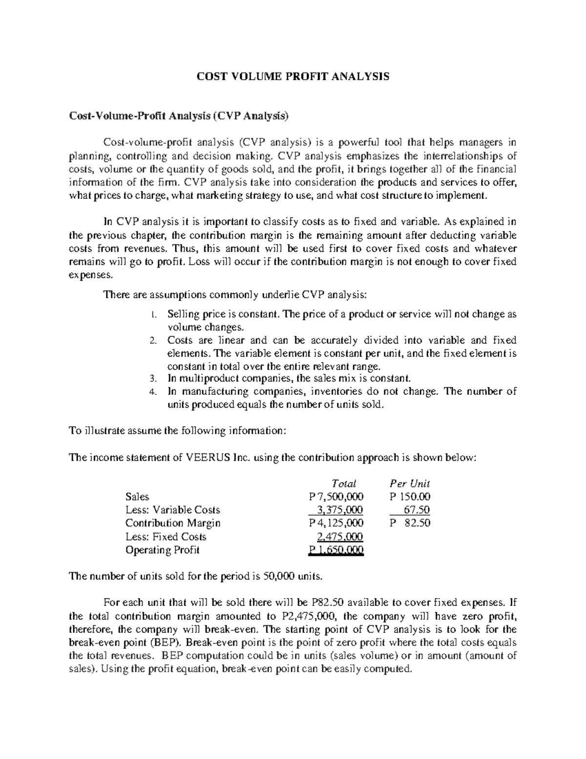 Cost Volume Profit Analysis - COST VOLUME PROFIT ANALYSIS Cost-Volume ...