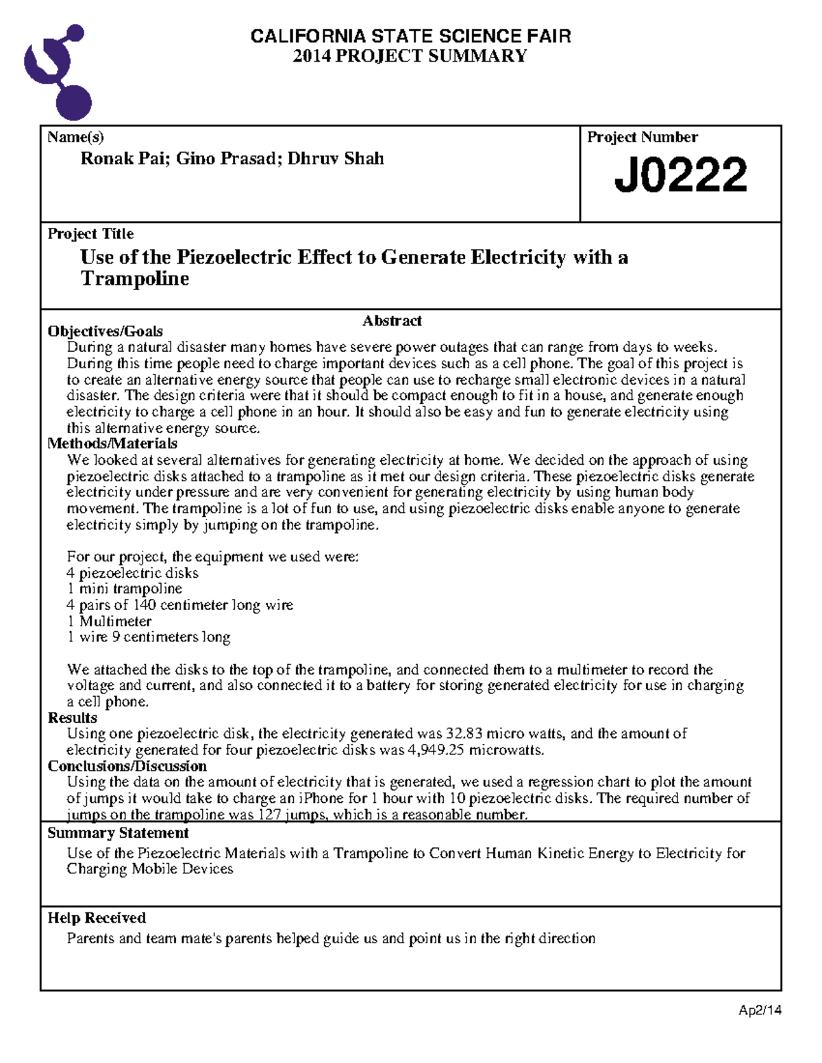 J0222 ok next move CALIFORNIA STATE SCIENCE FAIR 2014 PROJECT