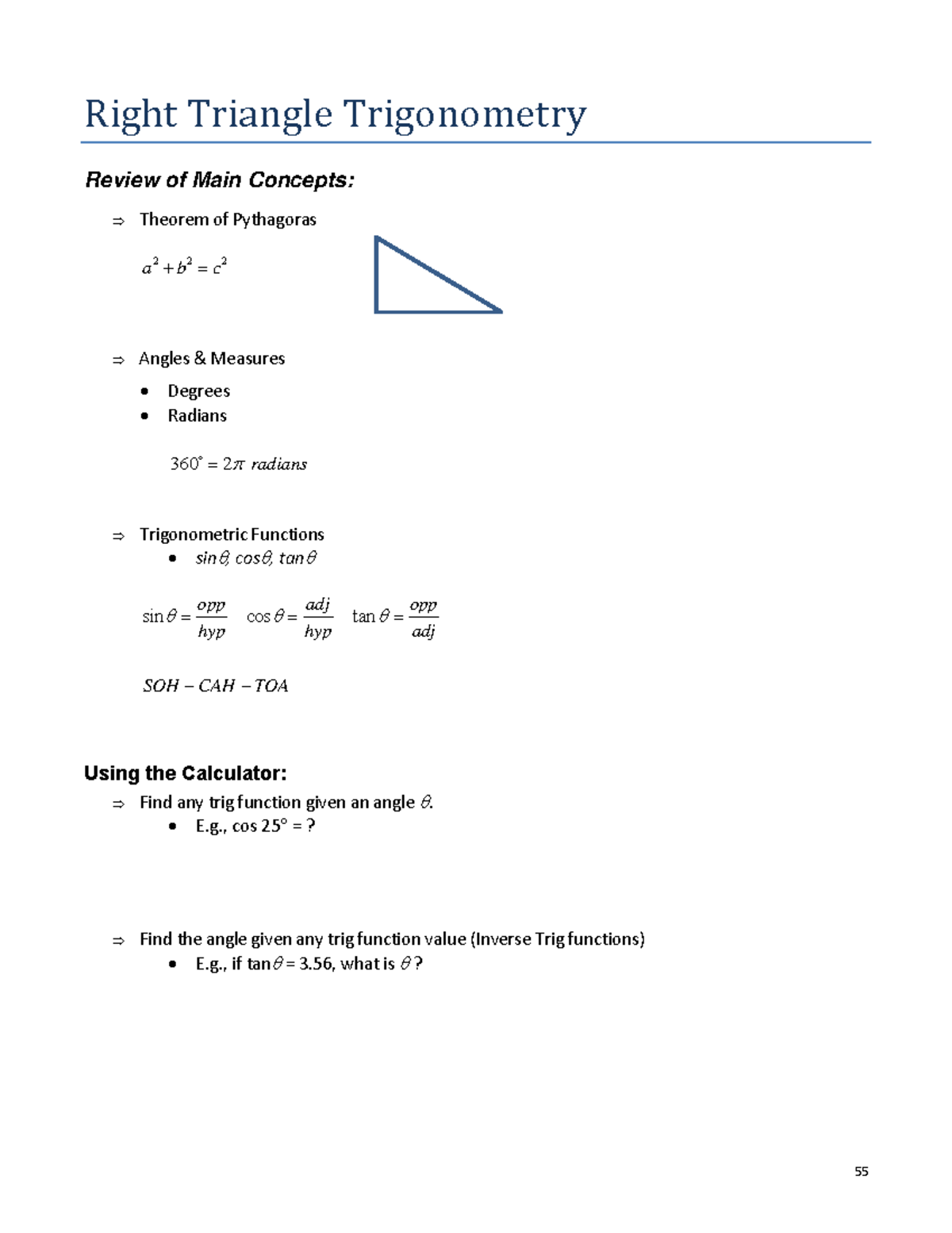 Math 1013 Right Angle Trig Right Triangle Trigonometry Review of Main