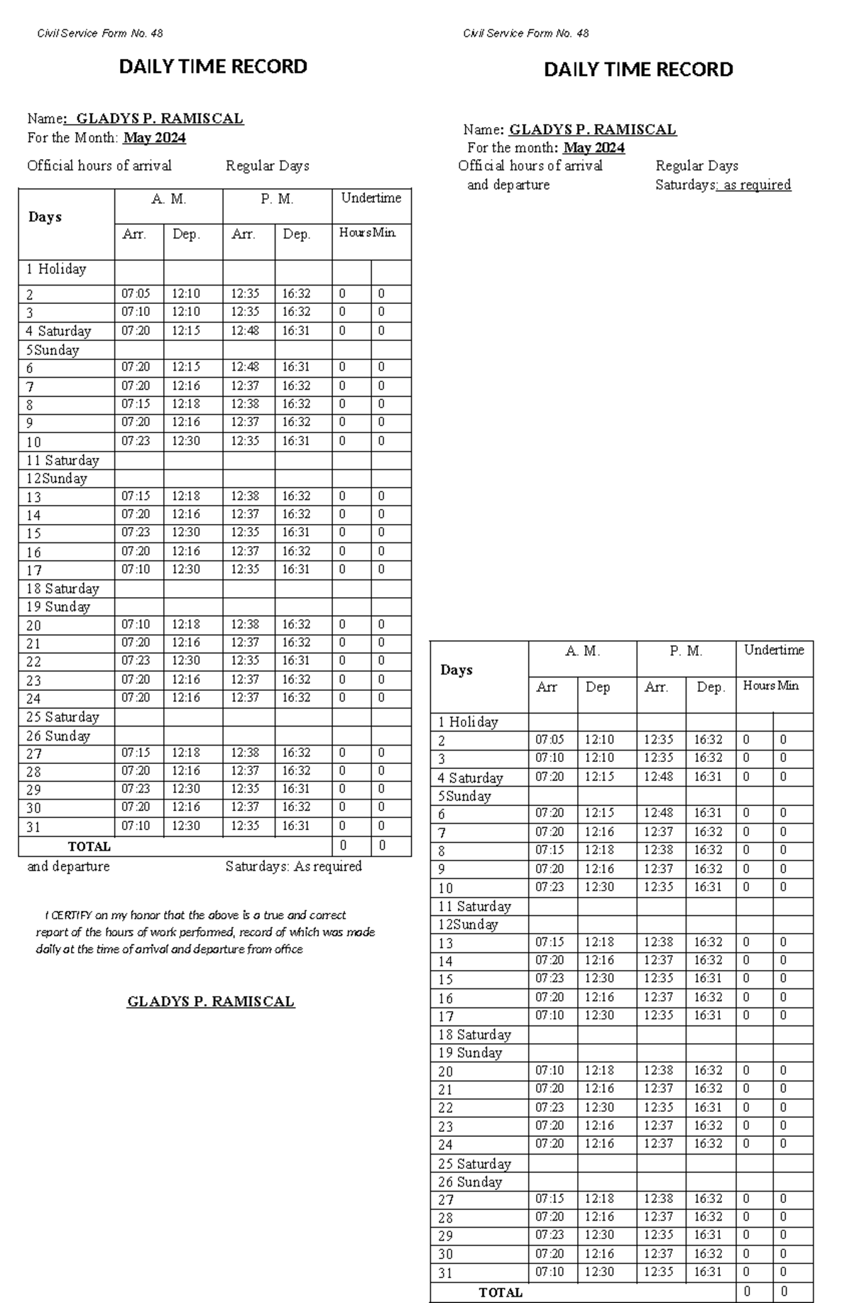 Dtr - Lecture notes - Civil Service Form No. 48 Civil Service Form No ...