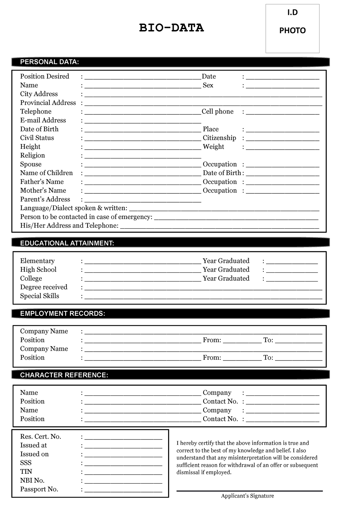 Biodata Format for Job - lecture notes only - BIO-DATA PERSONAL DATA ...