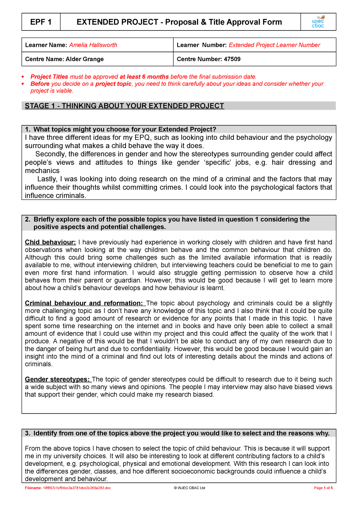 EPF1 - Extended Project - Proposal Title Approval Form - EPF 1 EXTENDED  PROJECT Proposal Title - Studocu