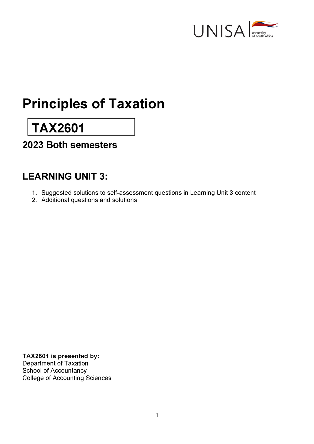 TAX2601 2023 S2 LU 3 Solutions And Additional Questions - Principles Of ...