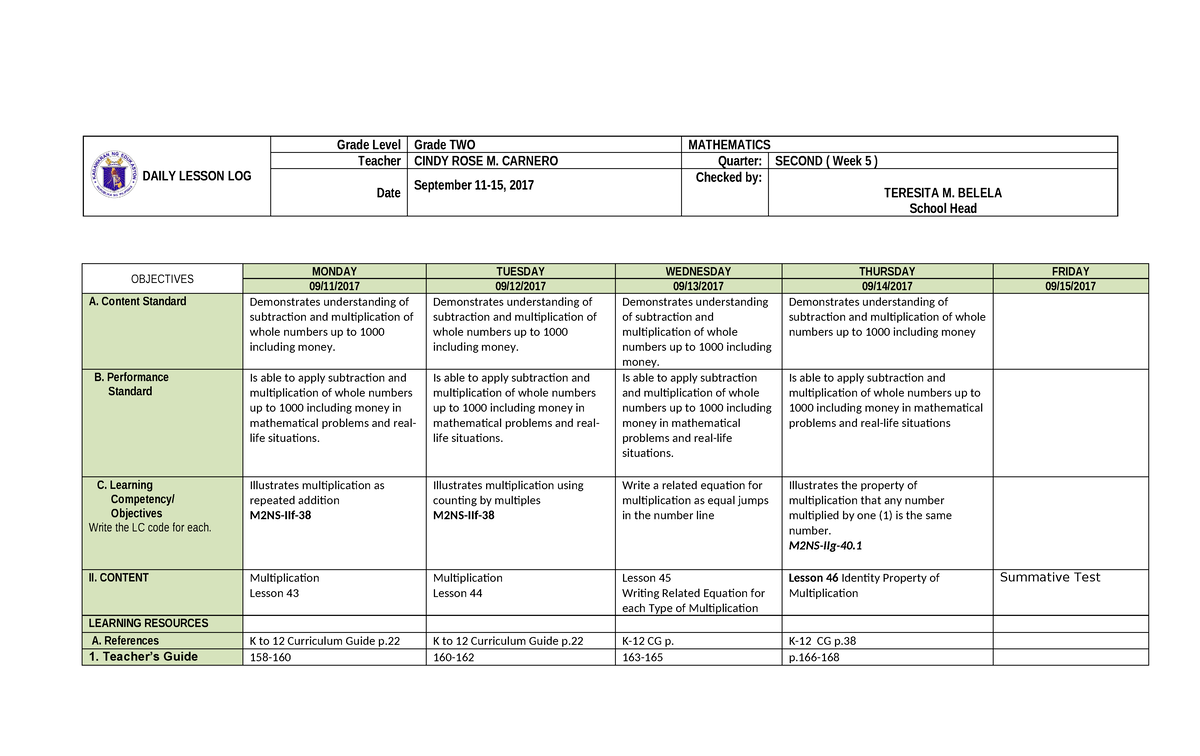 Mathematics 2 DLL Quarter 2 Week 5 - DAILY LESSON LOG Grade Level Grade ...