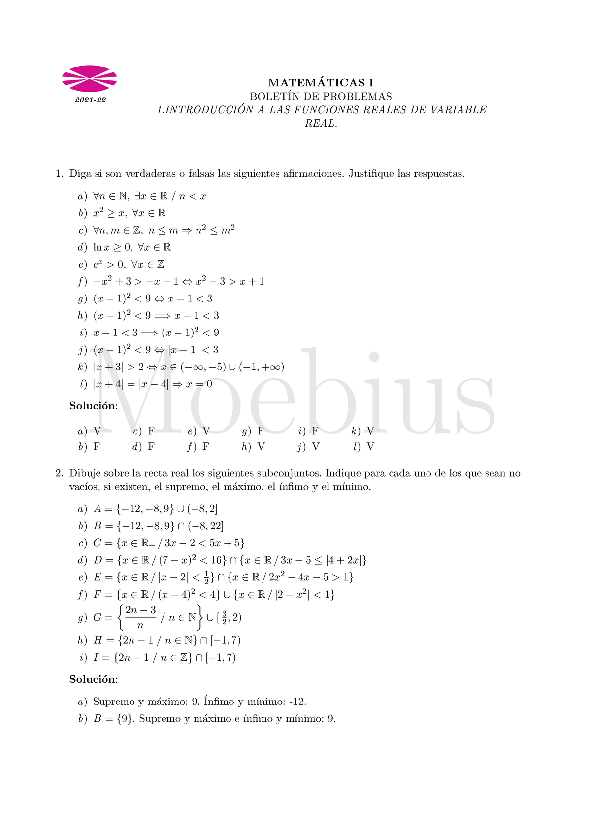 Boletín 1 D E Ejercicios Del Tema 1 De Matemáticas I - Moebius 2021 ...