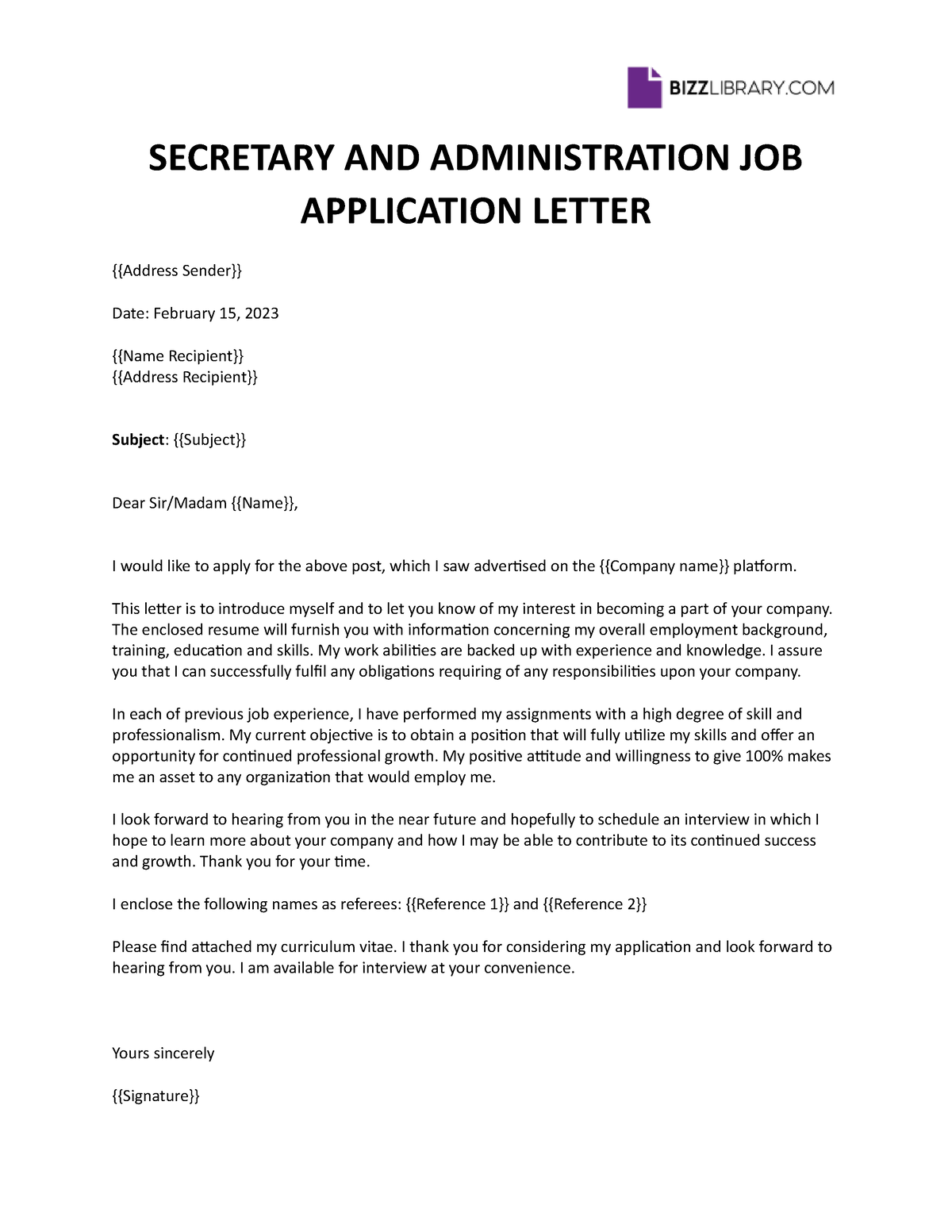 Secretary and administration job application letter - SECRETARY AND ...