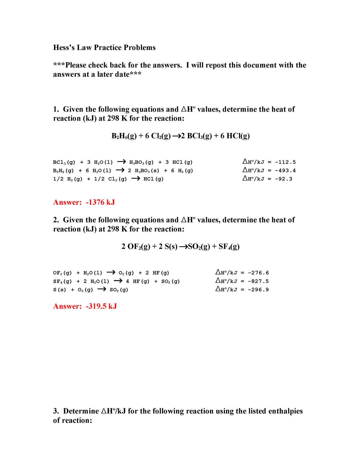 Hess law practice - hess's law - Hess’s Law Practice Problems ***Please ...