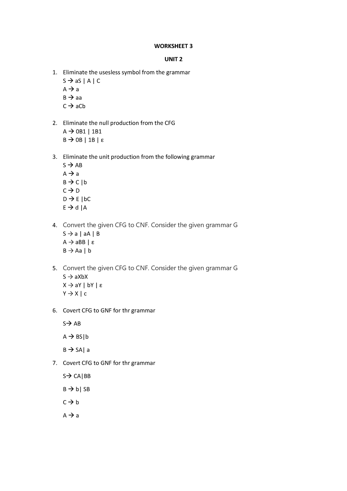 Worksheet 3 - CNF GNF - WORKSHEET 3 UNIT 2 Eliminate the usesless ...