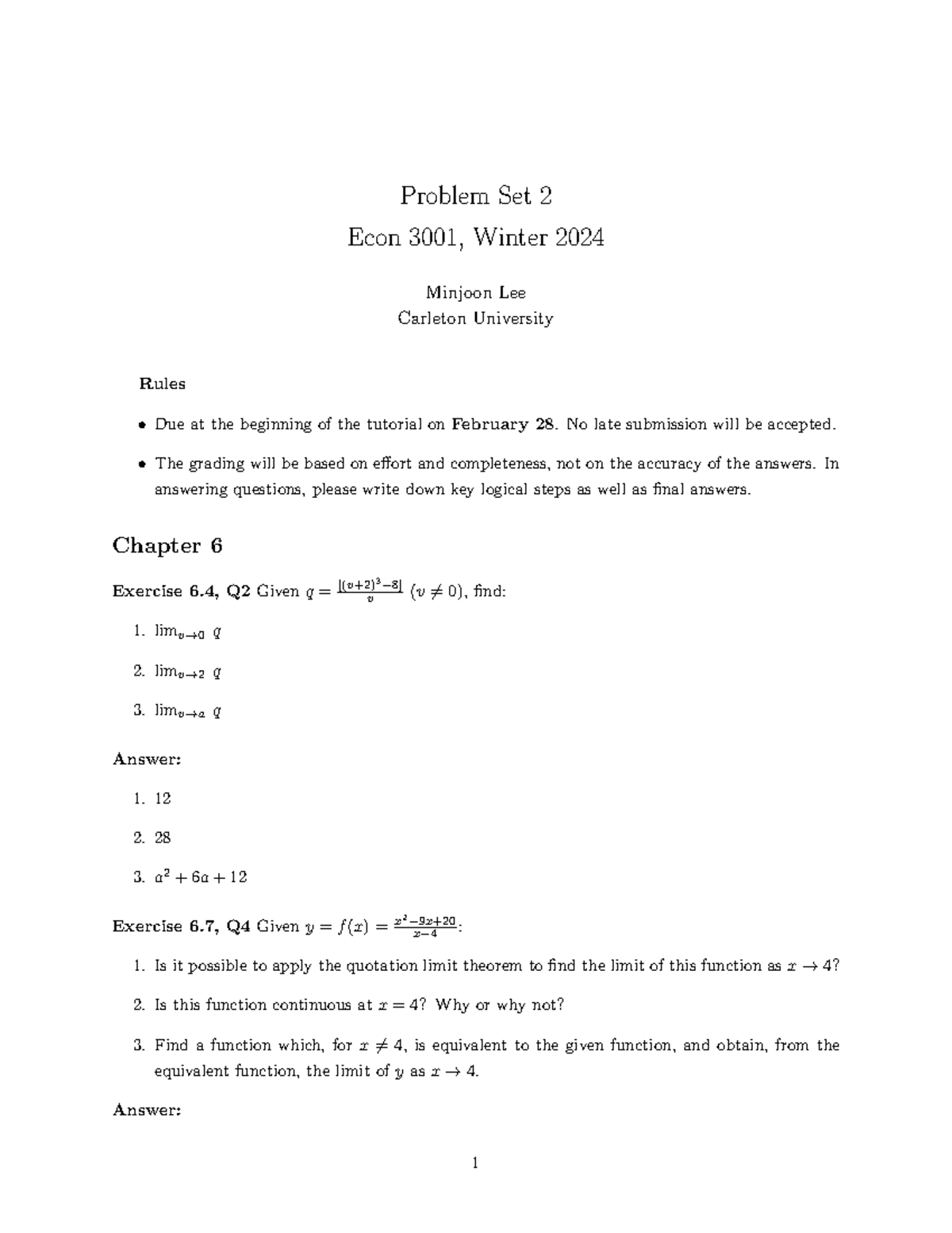 Econ3001 PS2 2024W Answer Keys - Problem Set 2 Econ 3001, Winter 2024 ...