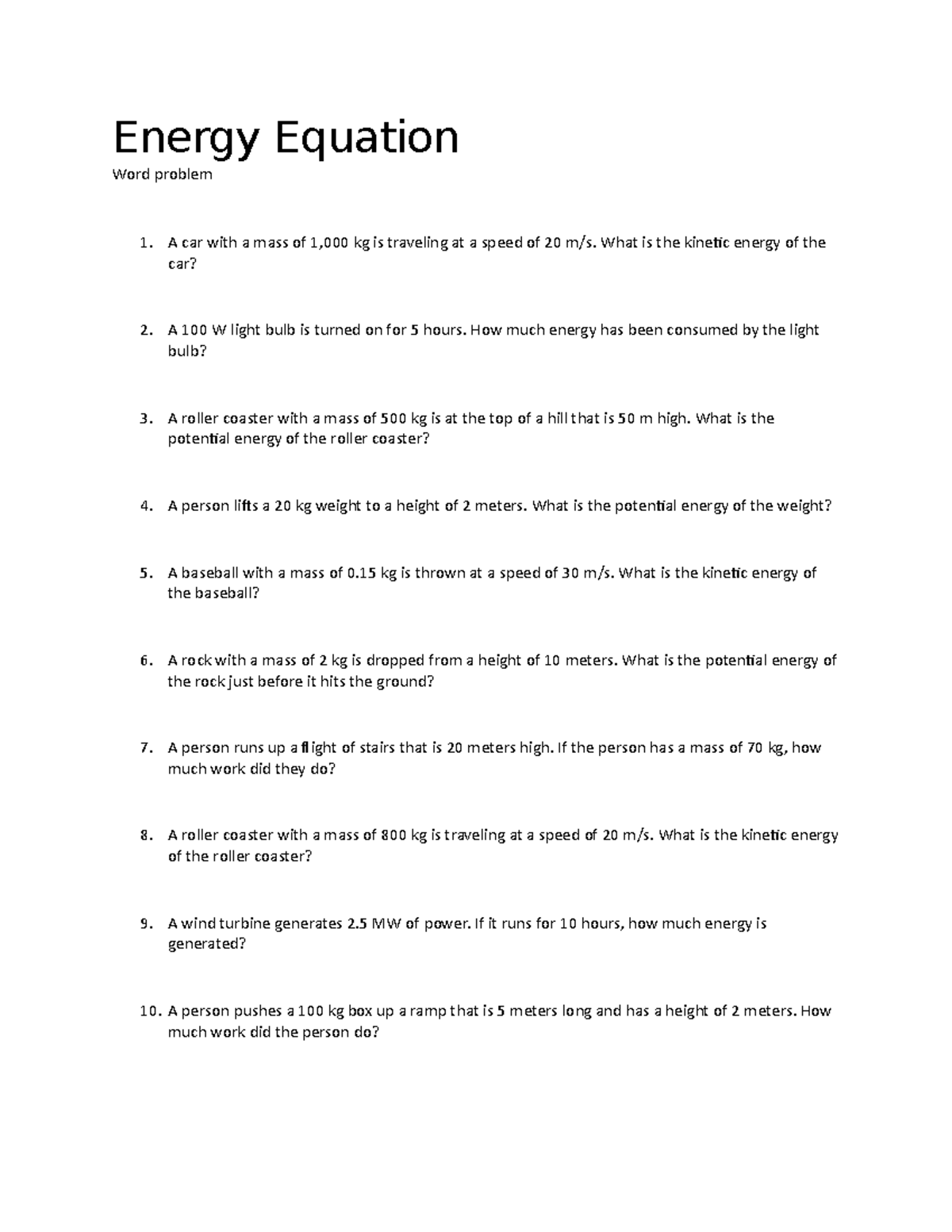 Energy Equation selfmade worksheet for fluid mechanics Energy
