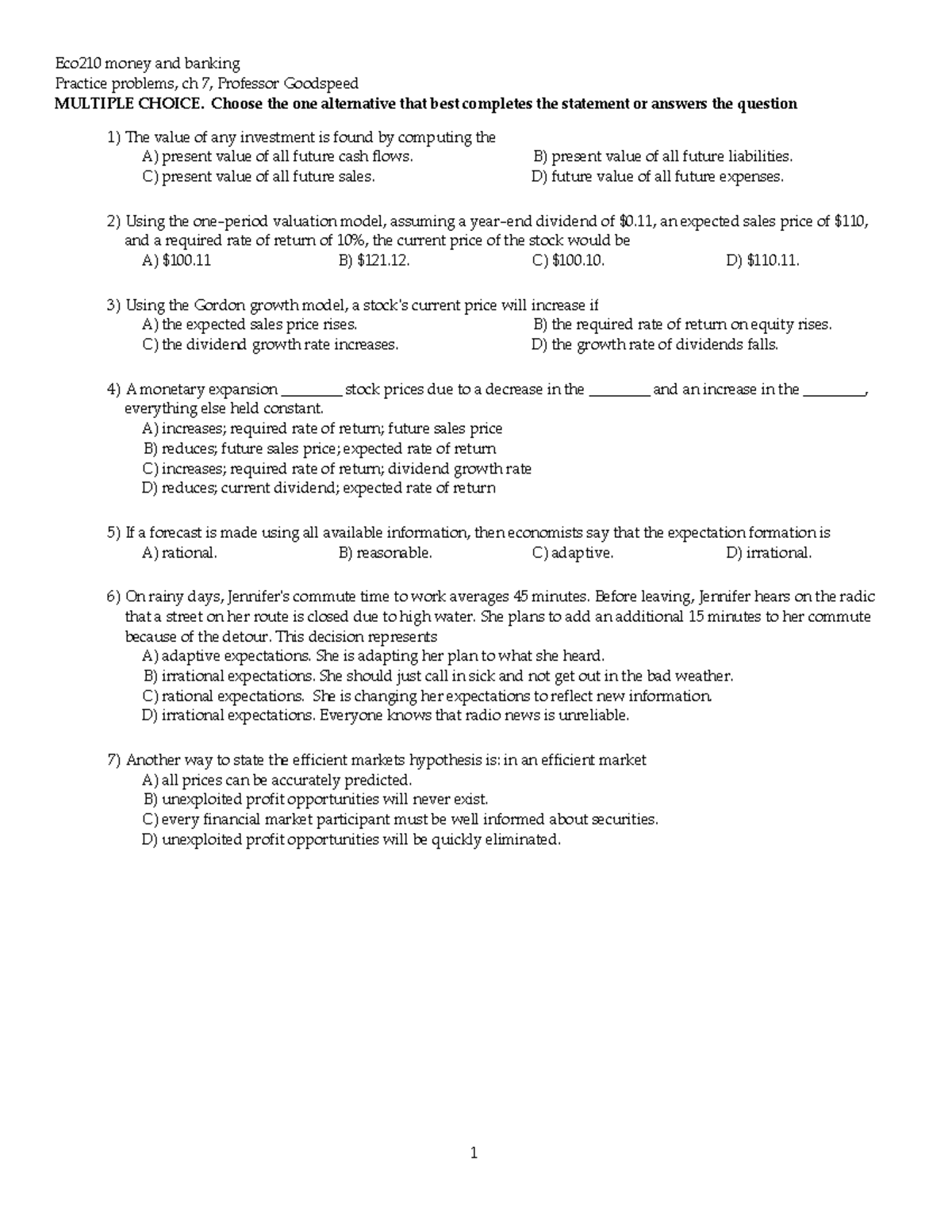 Online eco 210 practice problems chapter 7 - Eco210 money and banking ...