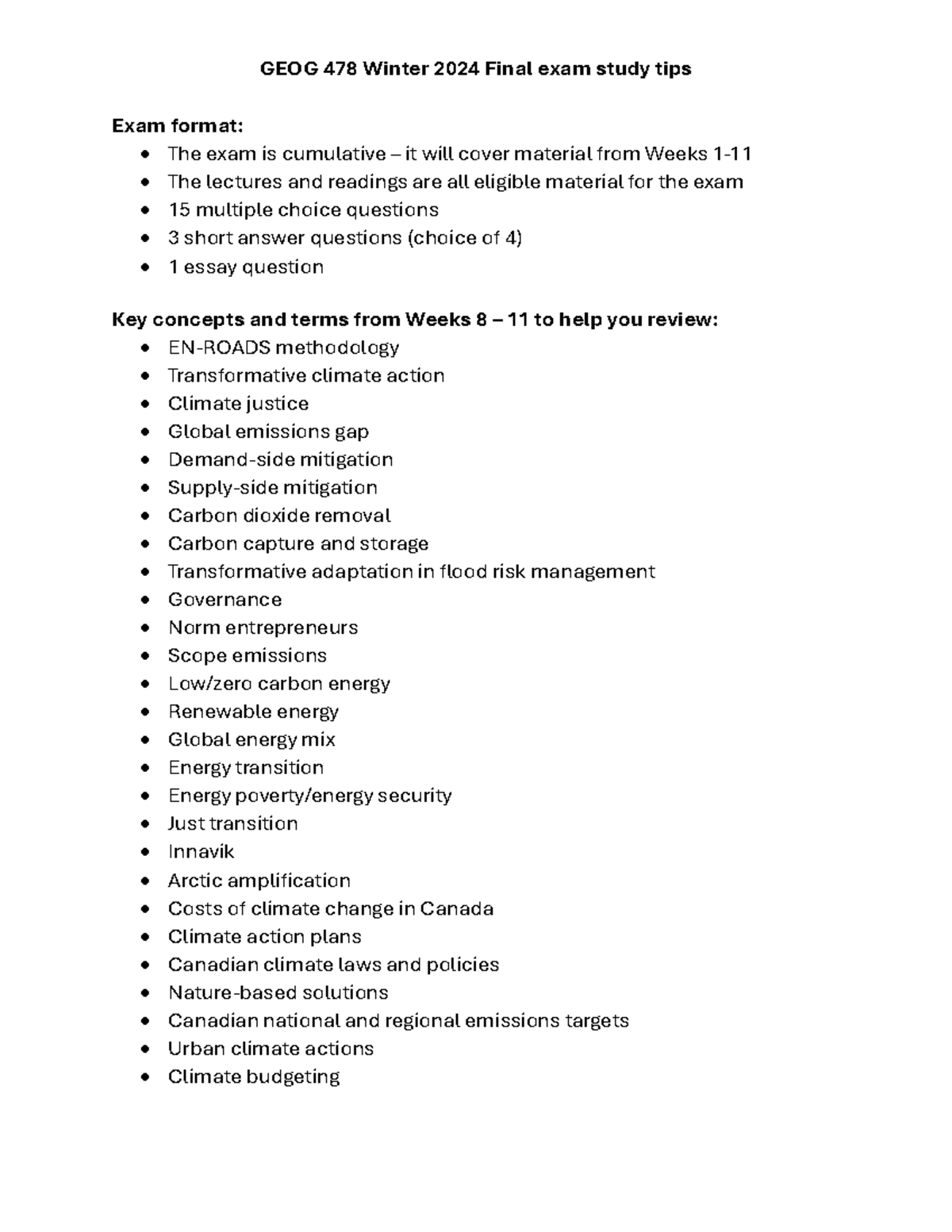 GEOG 478 Winter 2024 Key concepts and terms GEOG 478 Winter 2024