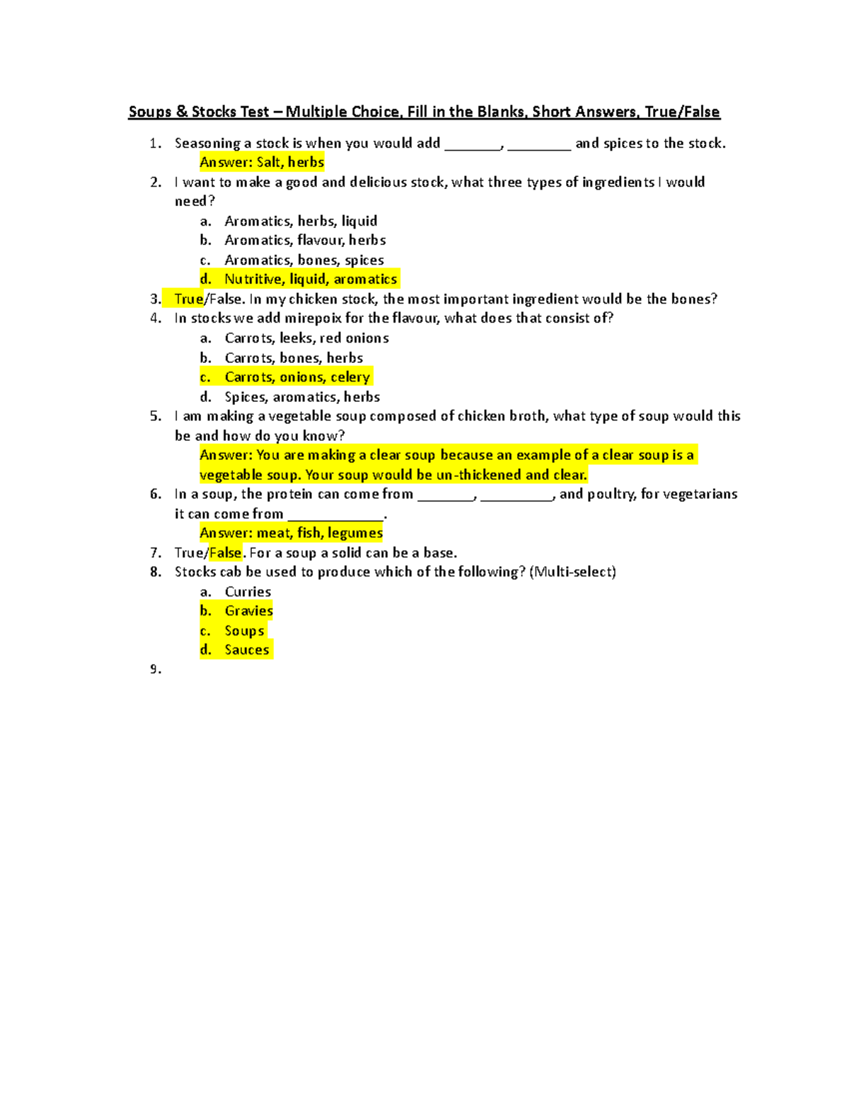 Soups & Stocks Summative Test Soups & Stocks Test Multiple Choice