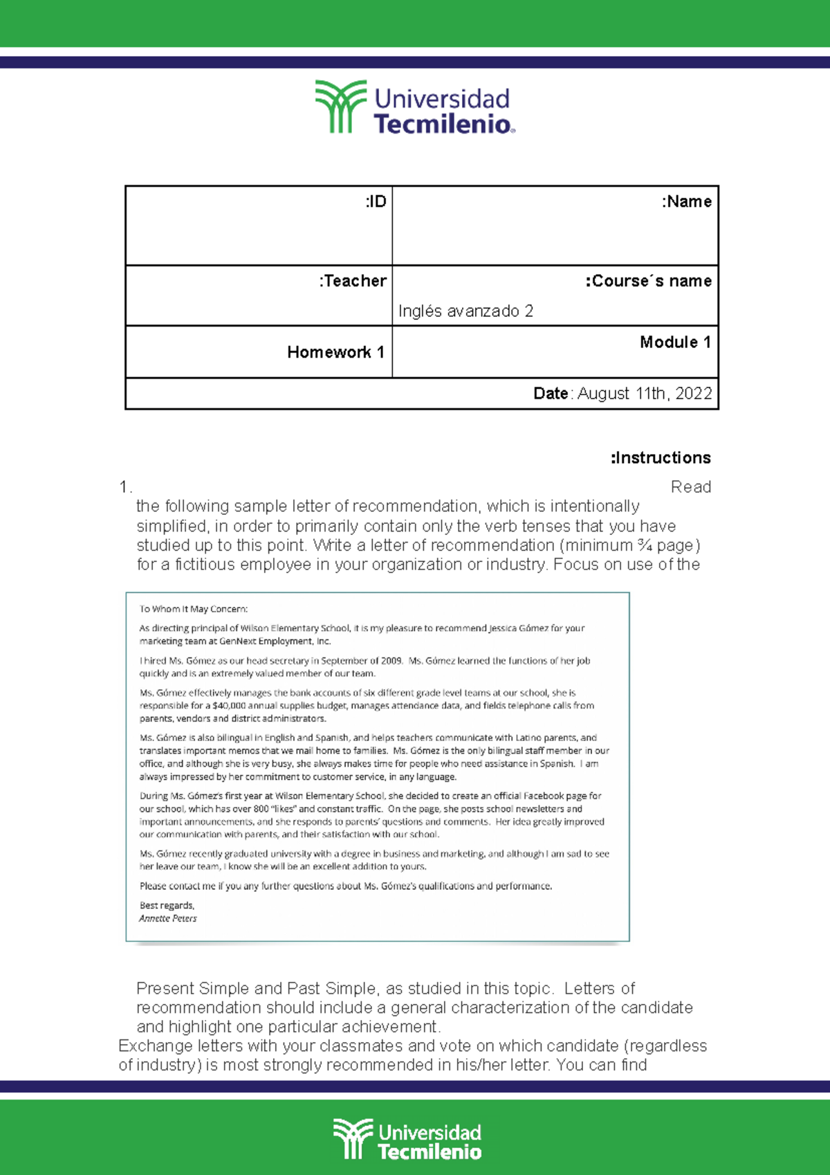 Ingles avanzado act 1 - Activity 1 - :ID :Name : Course ́s name Inglés ...