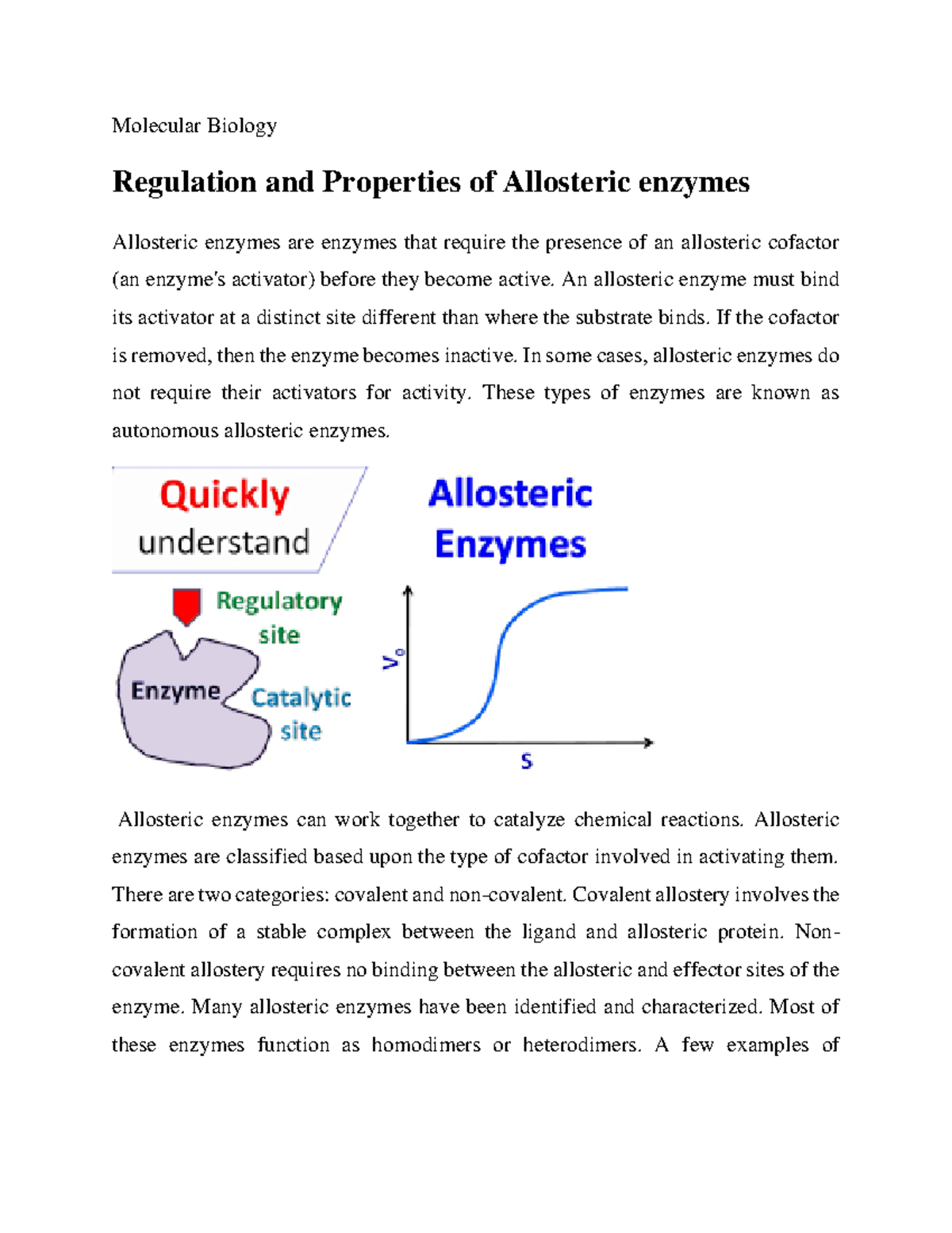 Regulation and Properties of Allosteric enzymes Molecular Biology