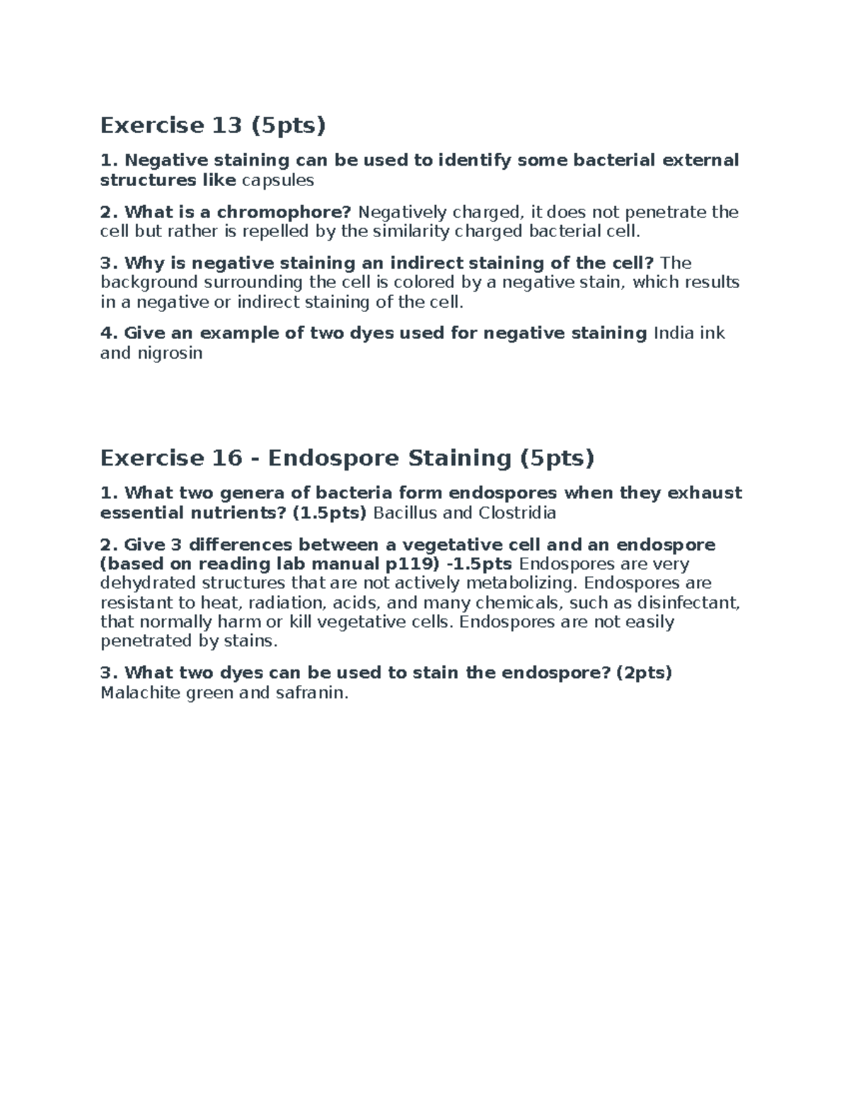 Micro lab pre-lab 13 and 16 - Exercise 13 (5pts) 1. Negative staining ...