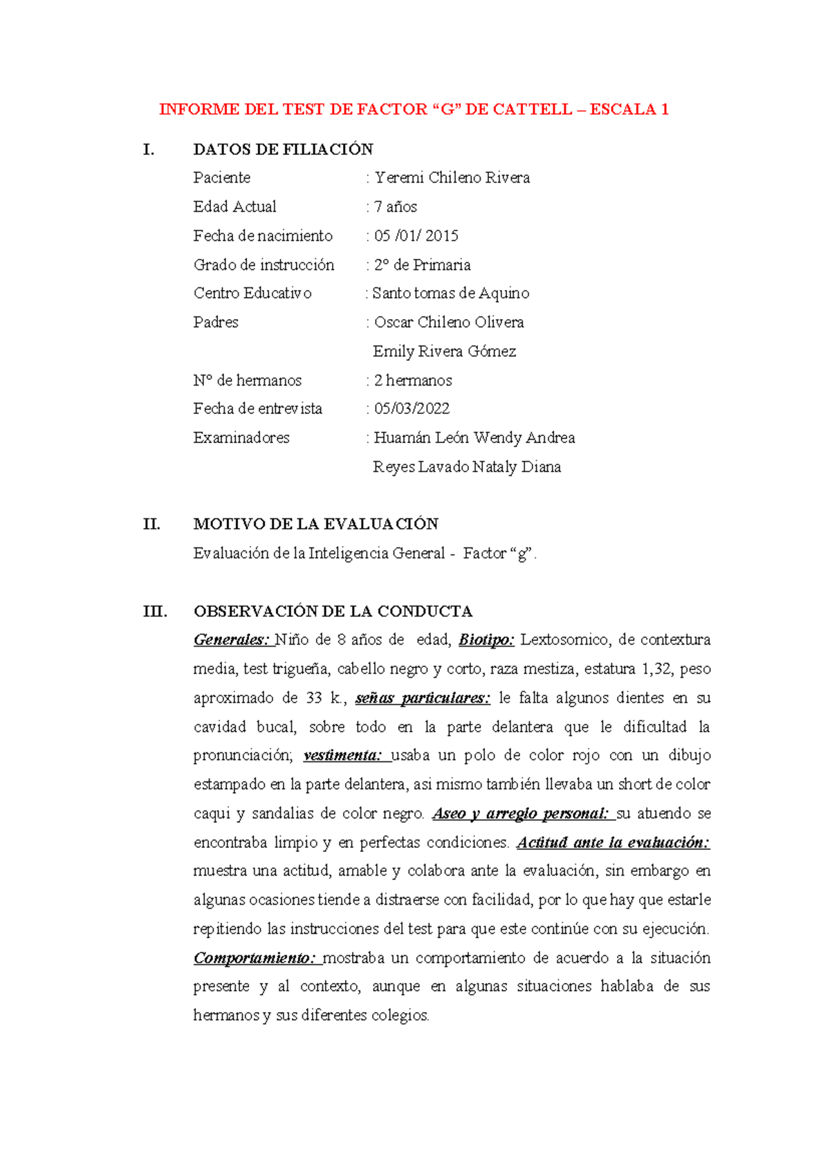 Informe DEL TEST DE Factor G DE Cattell - INFORME DEL TEST DE FACTOR “G ...