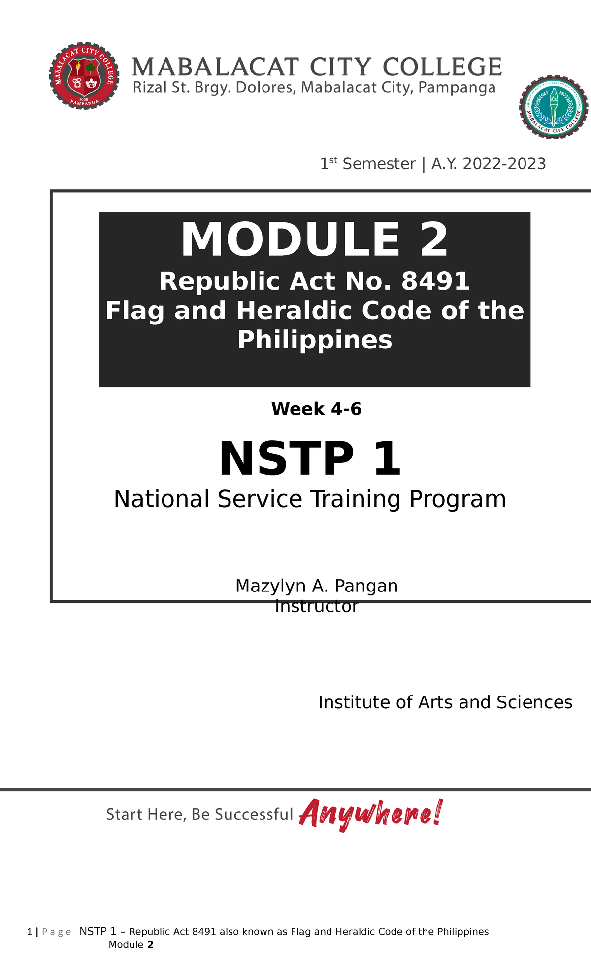 NSTP1 Module 02 2022 - ANSWER - 1 | P A G E NSTP 1 – Republic Act 8491 ...