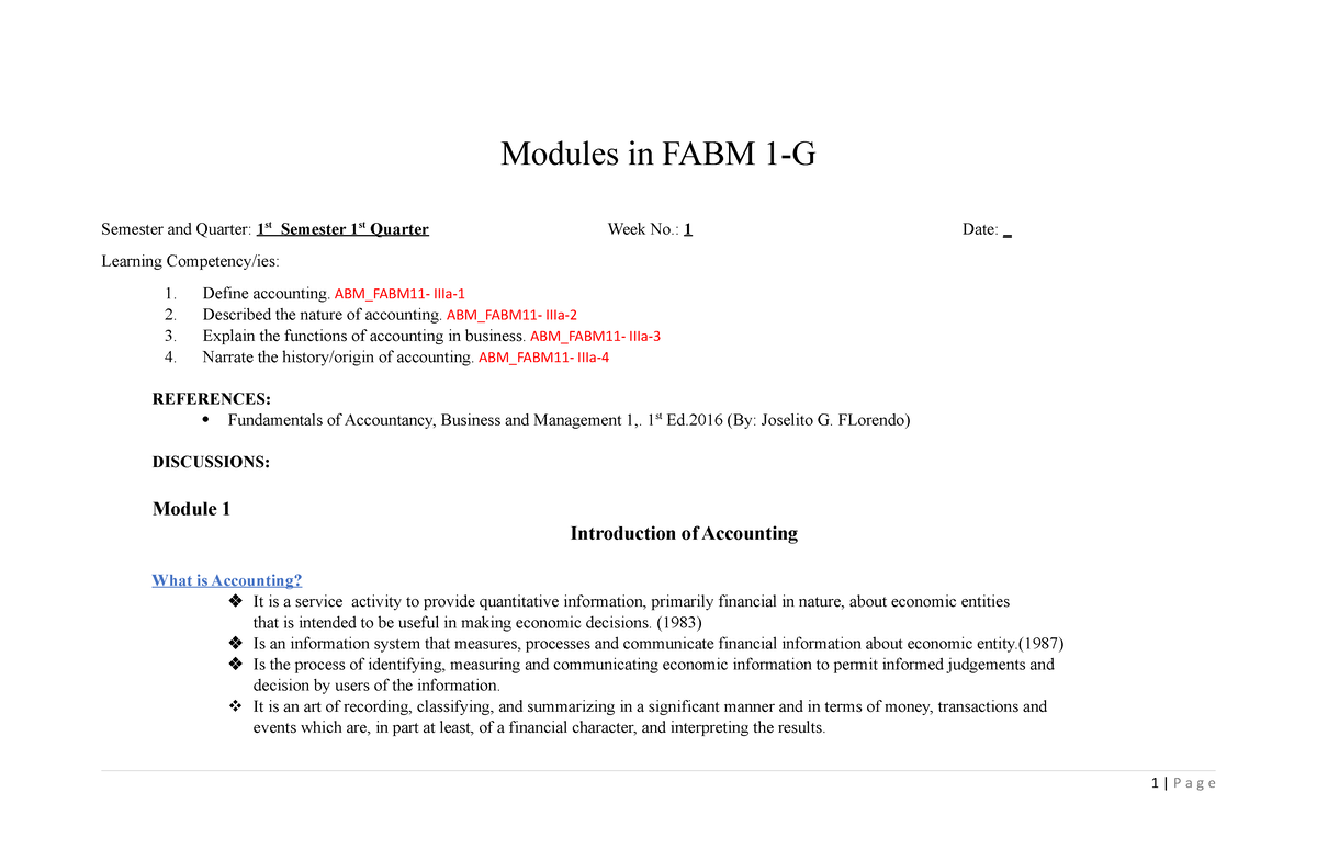 FABM 1 Module 1 Week 1 - ABM - Modules In FABM 1-G Semester And Quarter ...