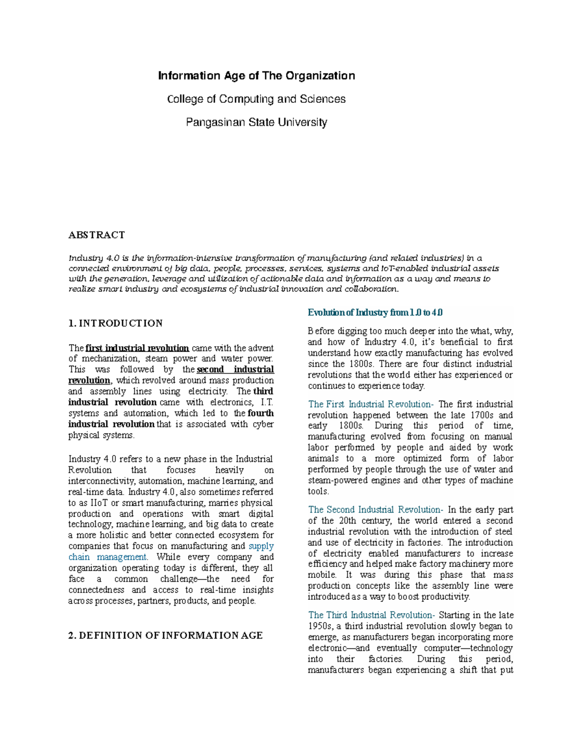Industry 4.0 Journal Information Age of The Organization Sample Journal Industry 4.0 Journal Information Age of The Organization Sample Journal