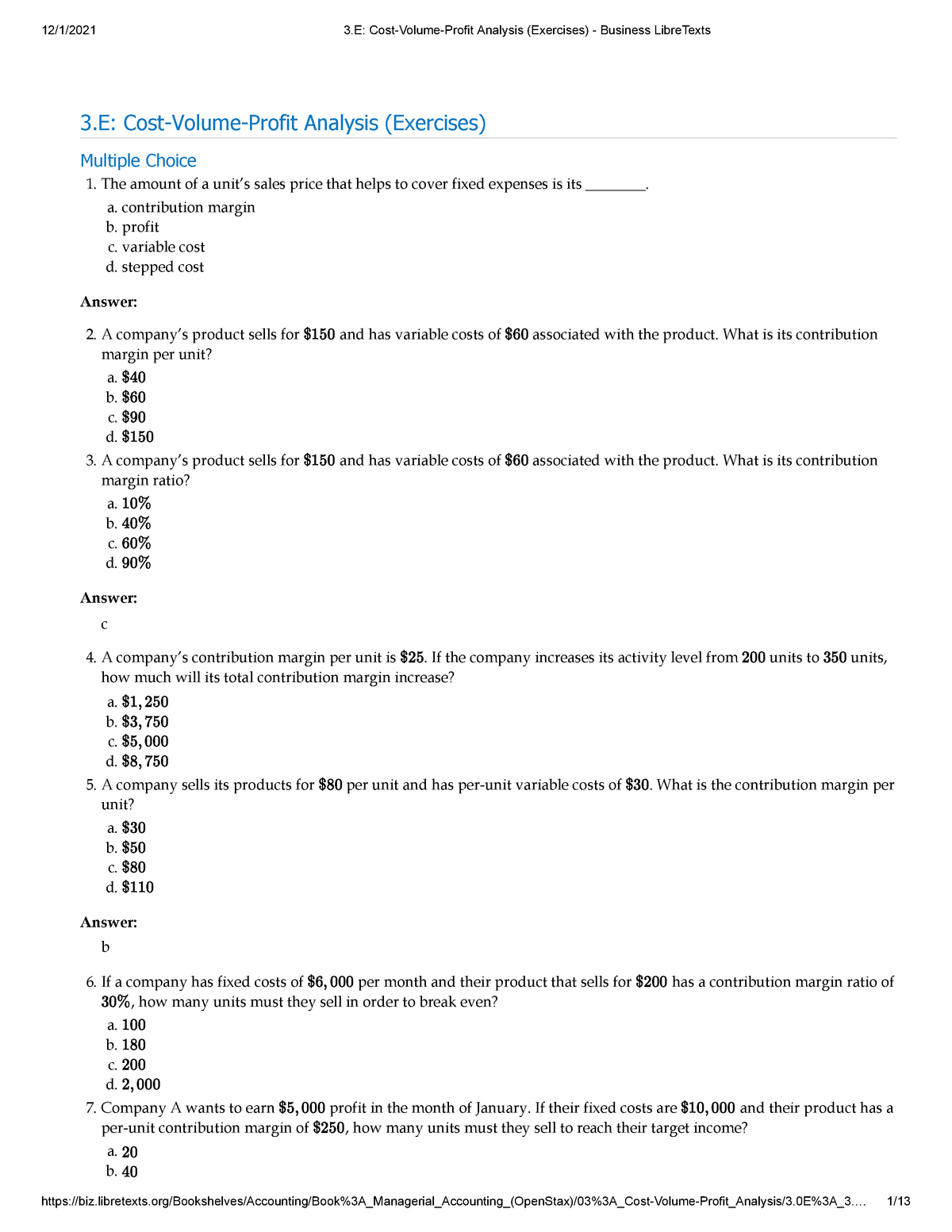 3.E Cost-Volume-Profit Analysis (Exercises) - Business Libre Texts - 3 ...