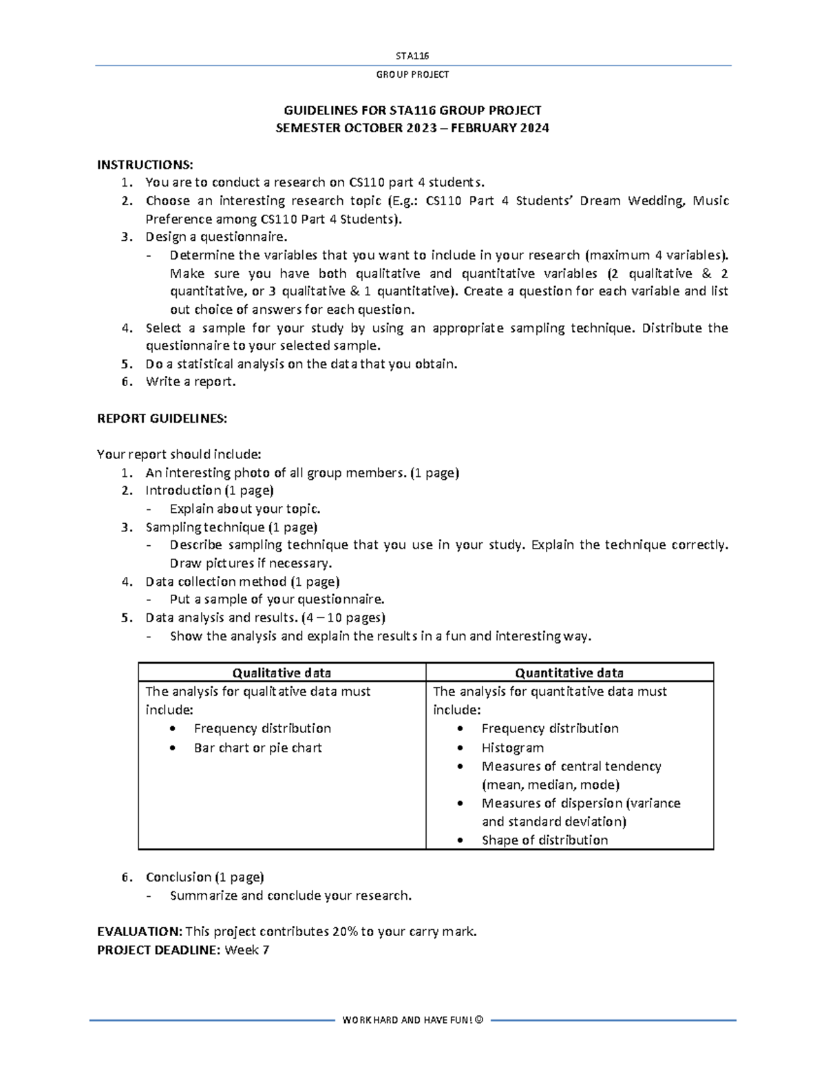 STA116 Group Project Guidelines AND Rubric October 2023 - February 2024 ...