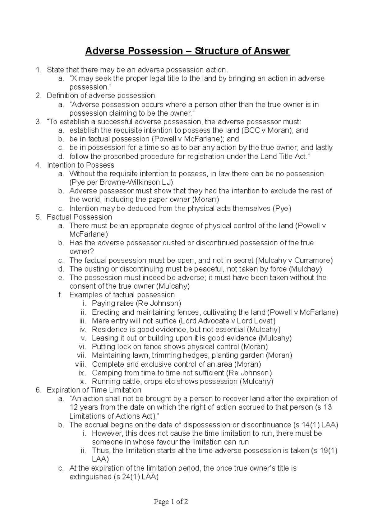 Adverse Possession - Prop Law Notes Exam - Adverse Possession ...